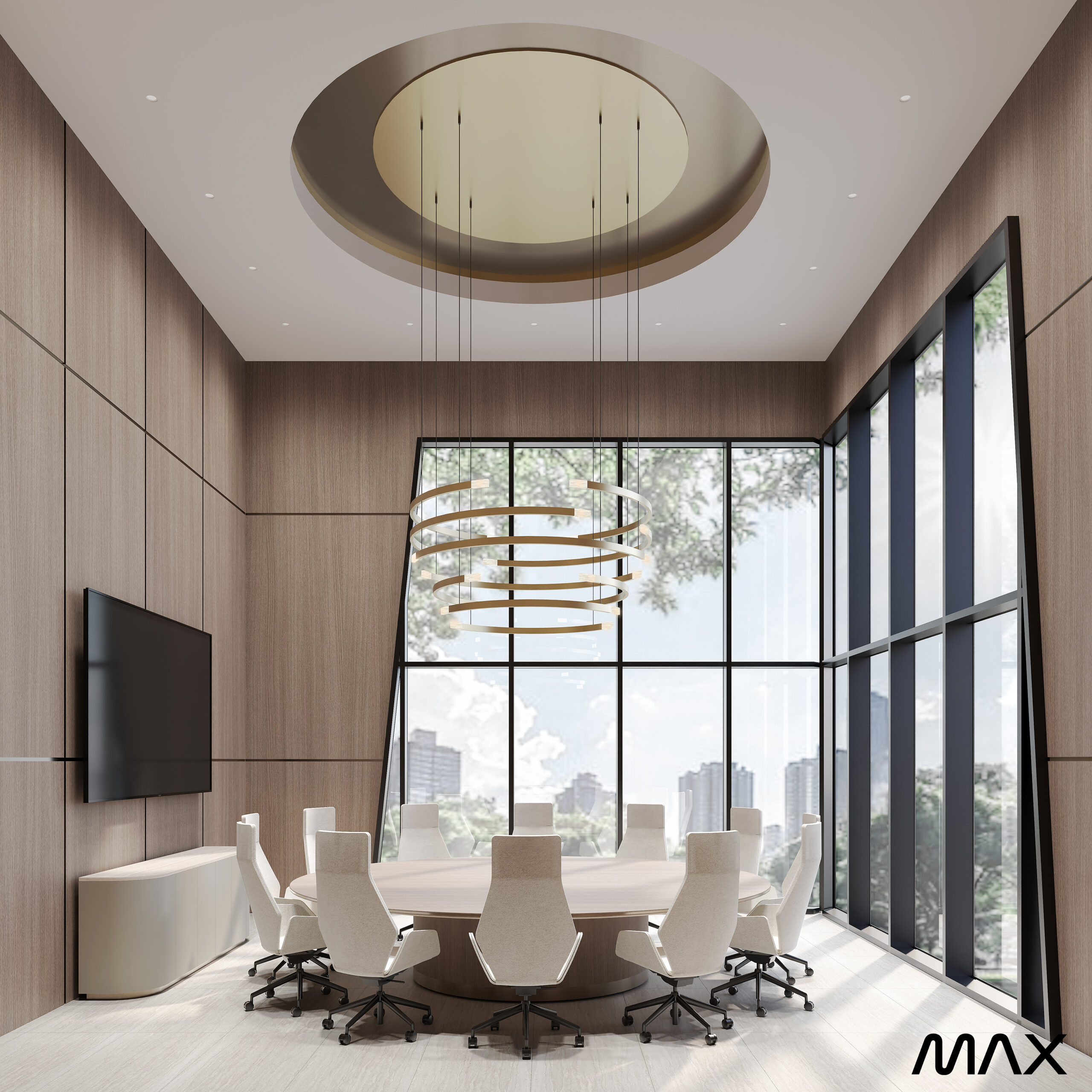 Modern conference room with large window view.