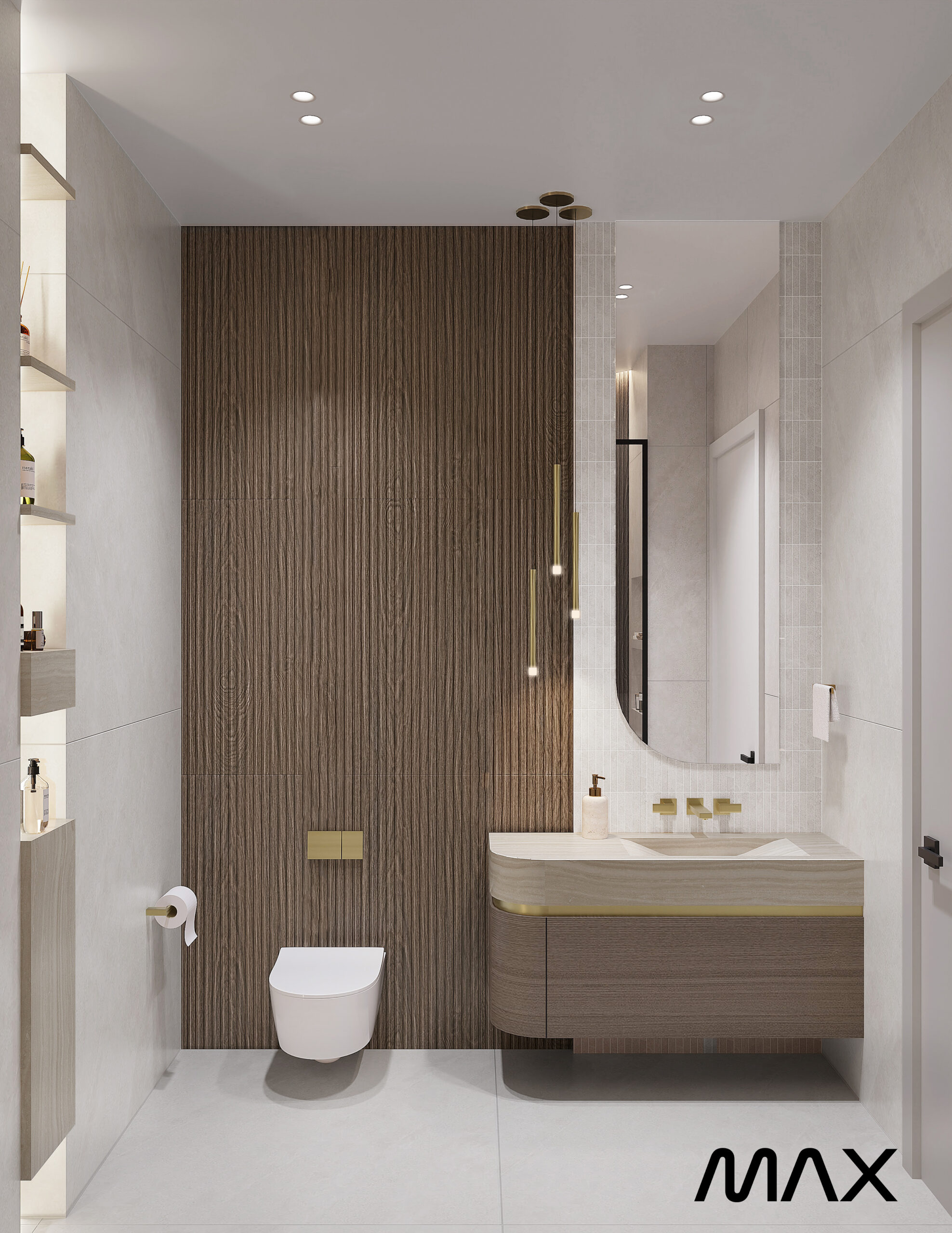 Modern bathroom with wooden accent wall.