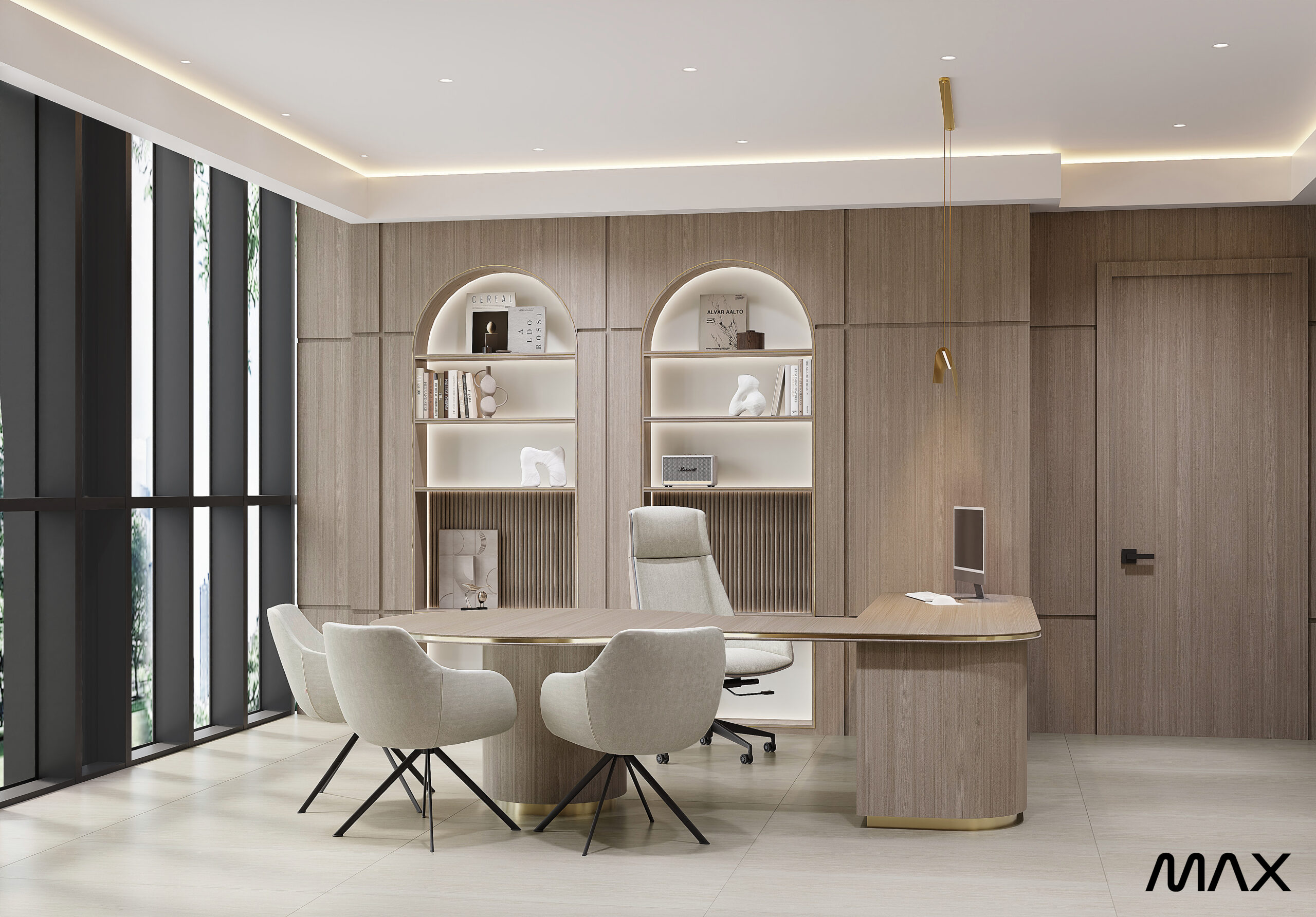 Modern office with elegant wooden furniture.