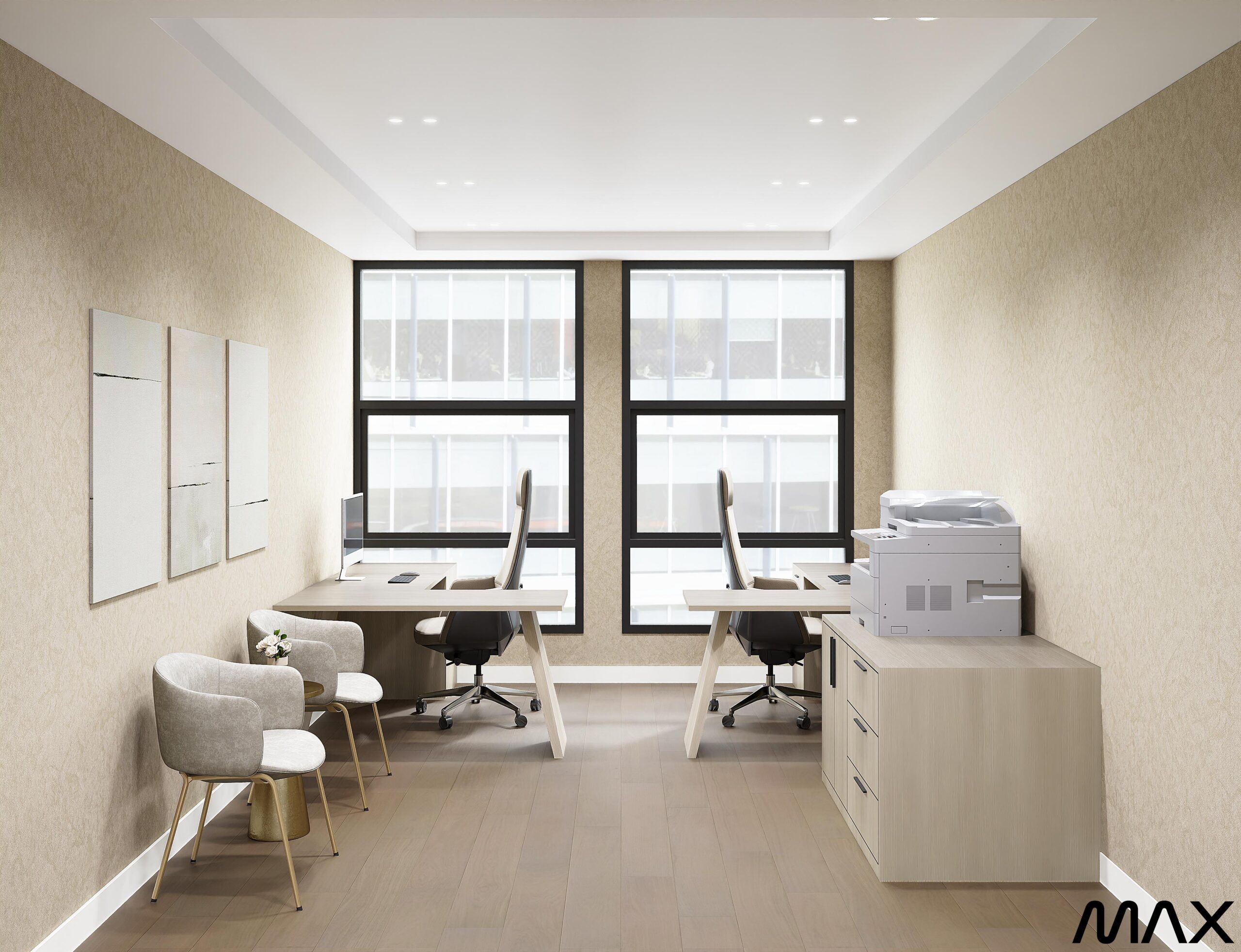 Modern office with two desks and chairs.
