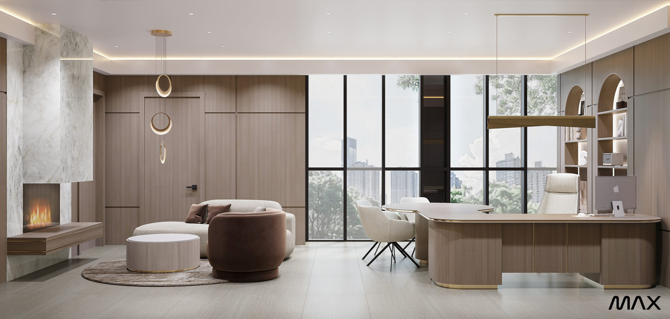 Modern office with large windows and fireplace.
