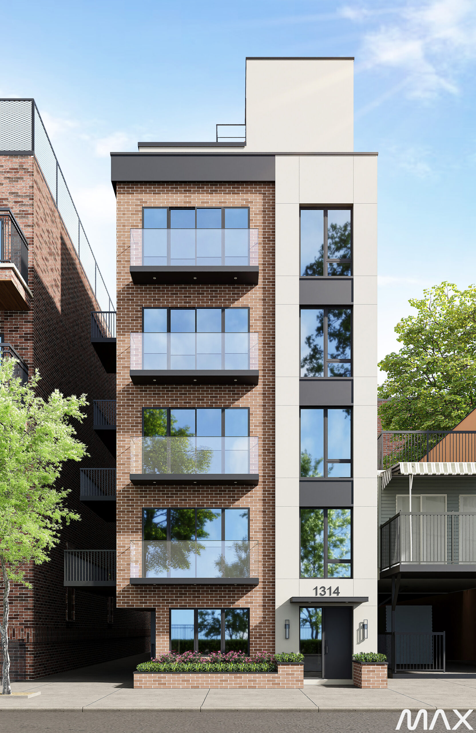 Modern brick apartment building with balconies.