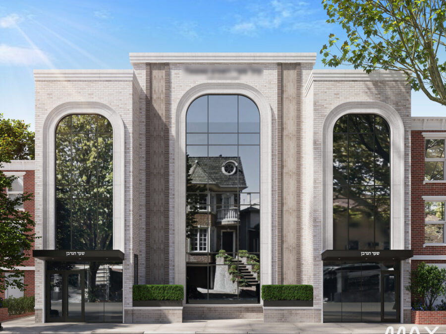 Modern building with arched windows and reflections.