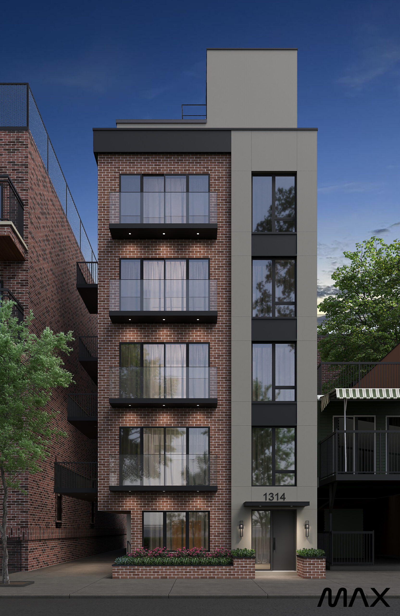 Modern five-story brick apartment building exterior.