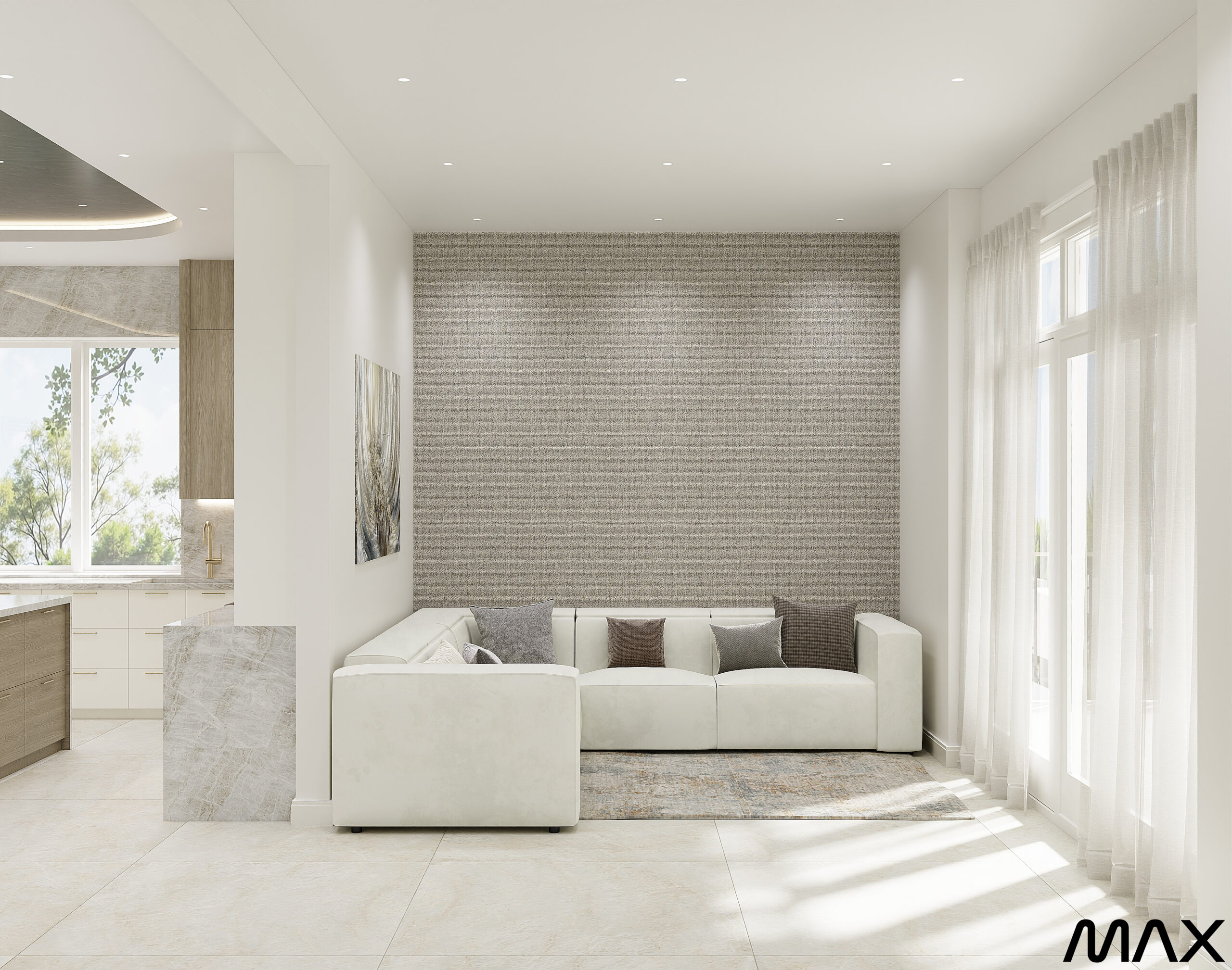 Modern living room with white sofa.