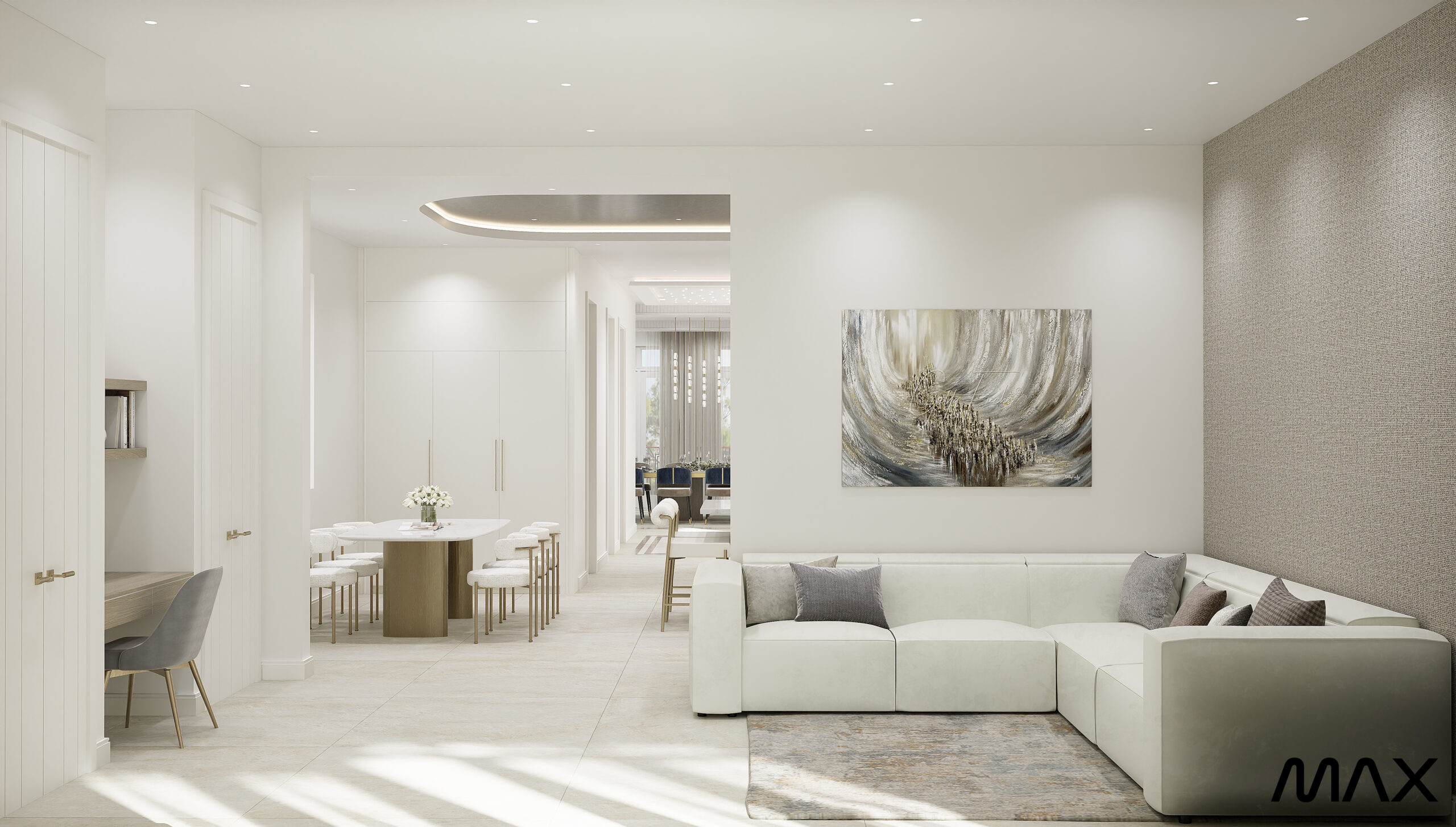Modern living room with white sectional sofa.