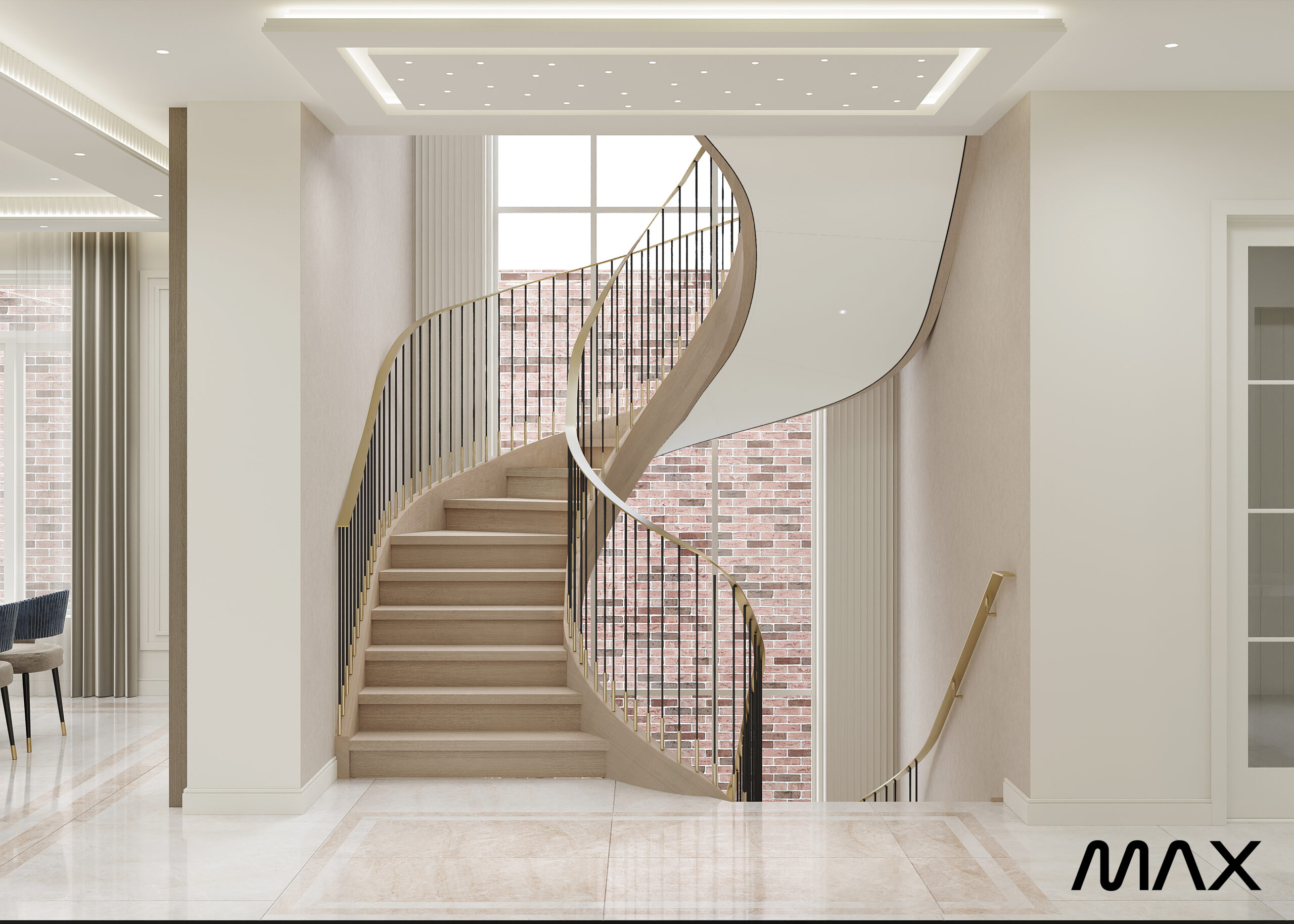 Elegant spiral staircase with brick backdrop.