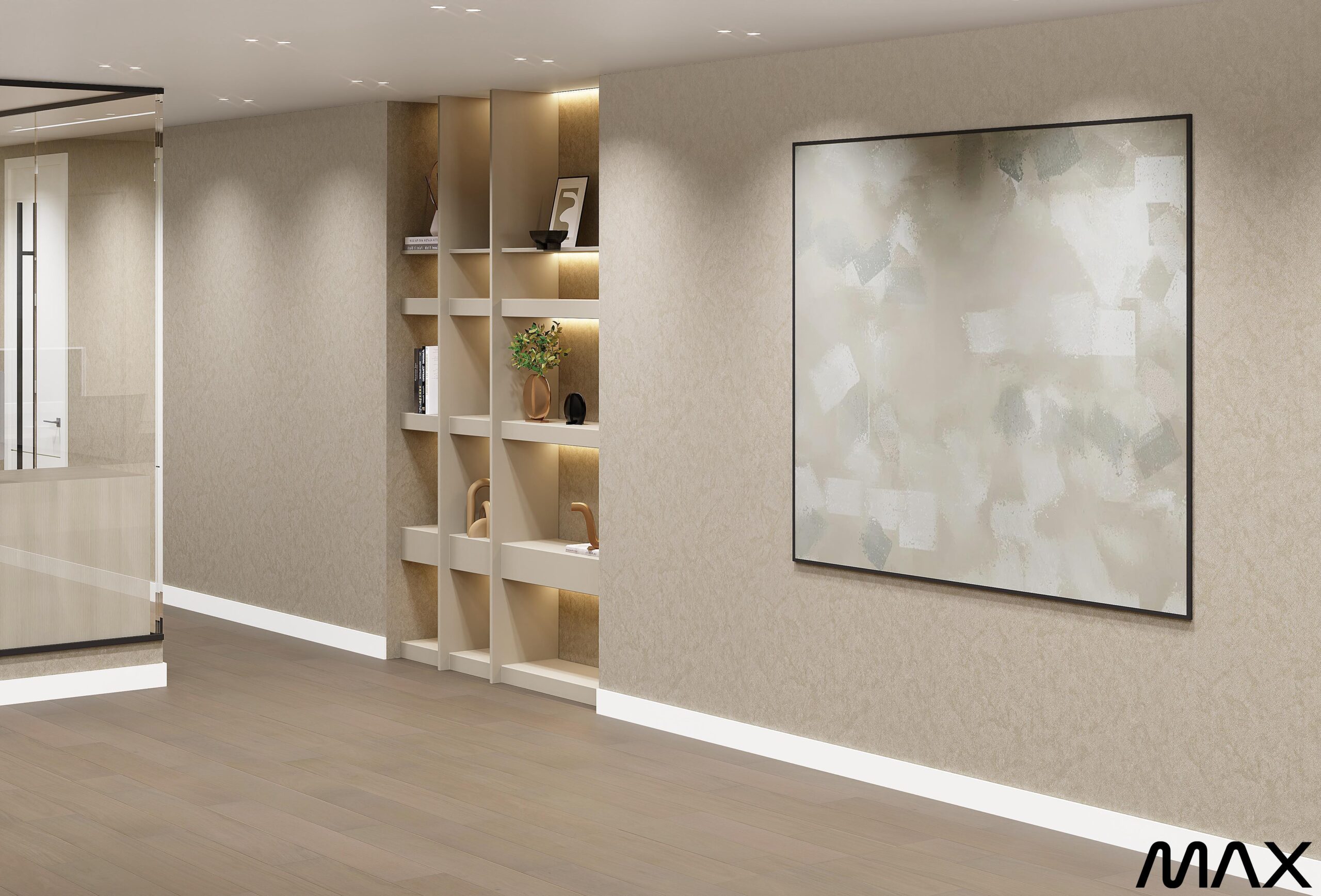 Modern interior with artwork and shelves.