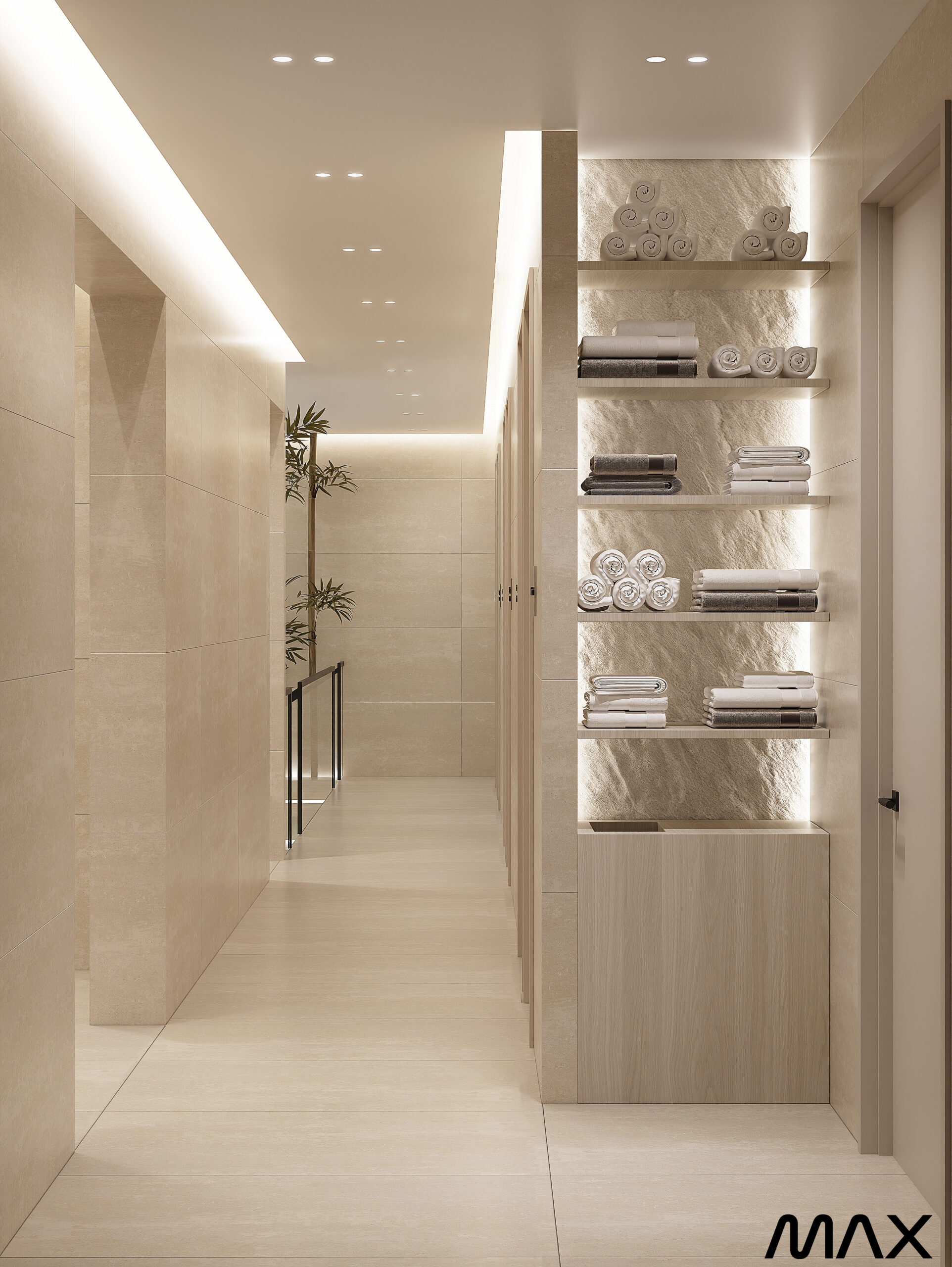 Modern bathroom hallway with towels on shelves.
