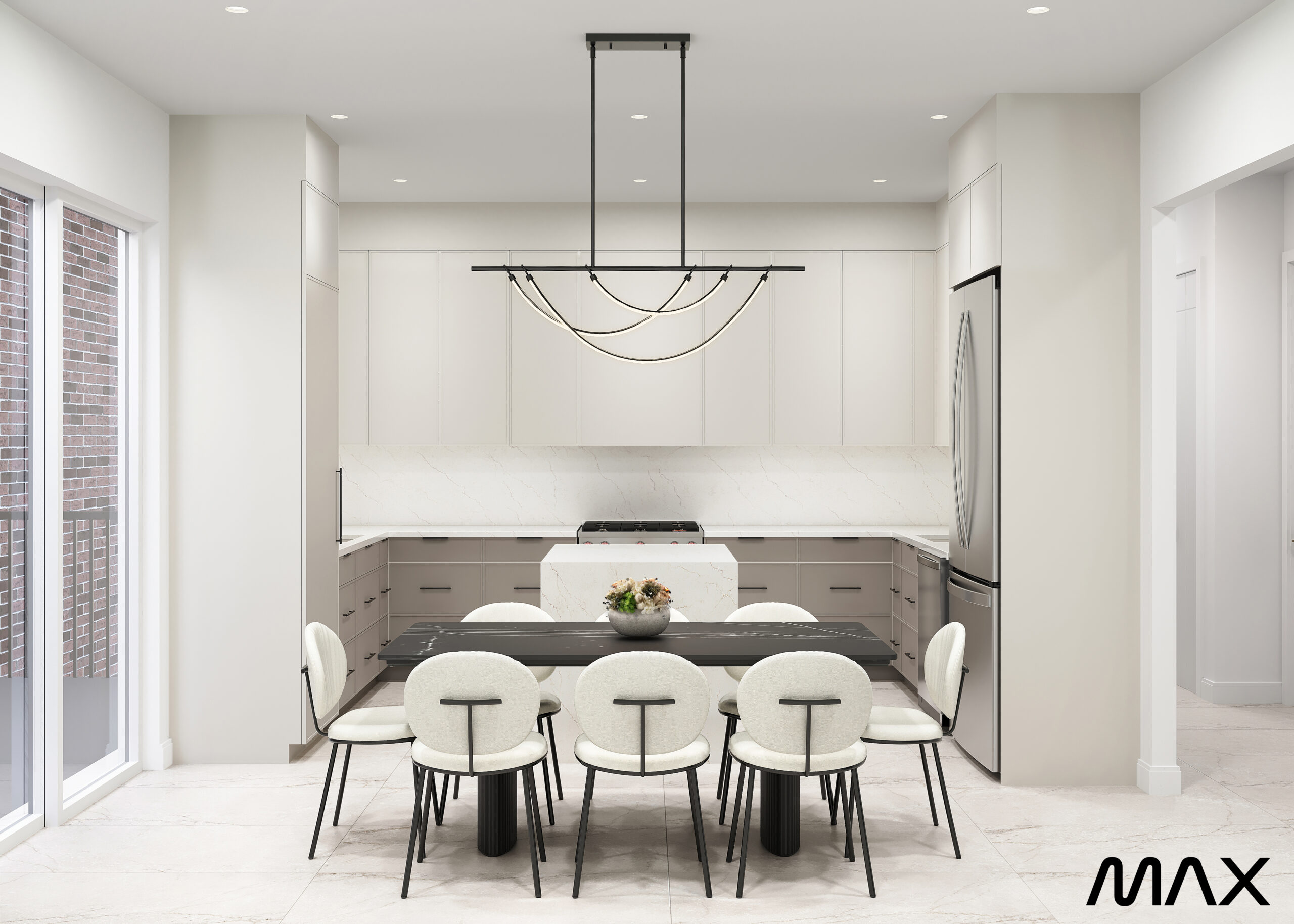 Modern kitchen with dining table and chairs.