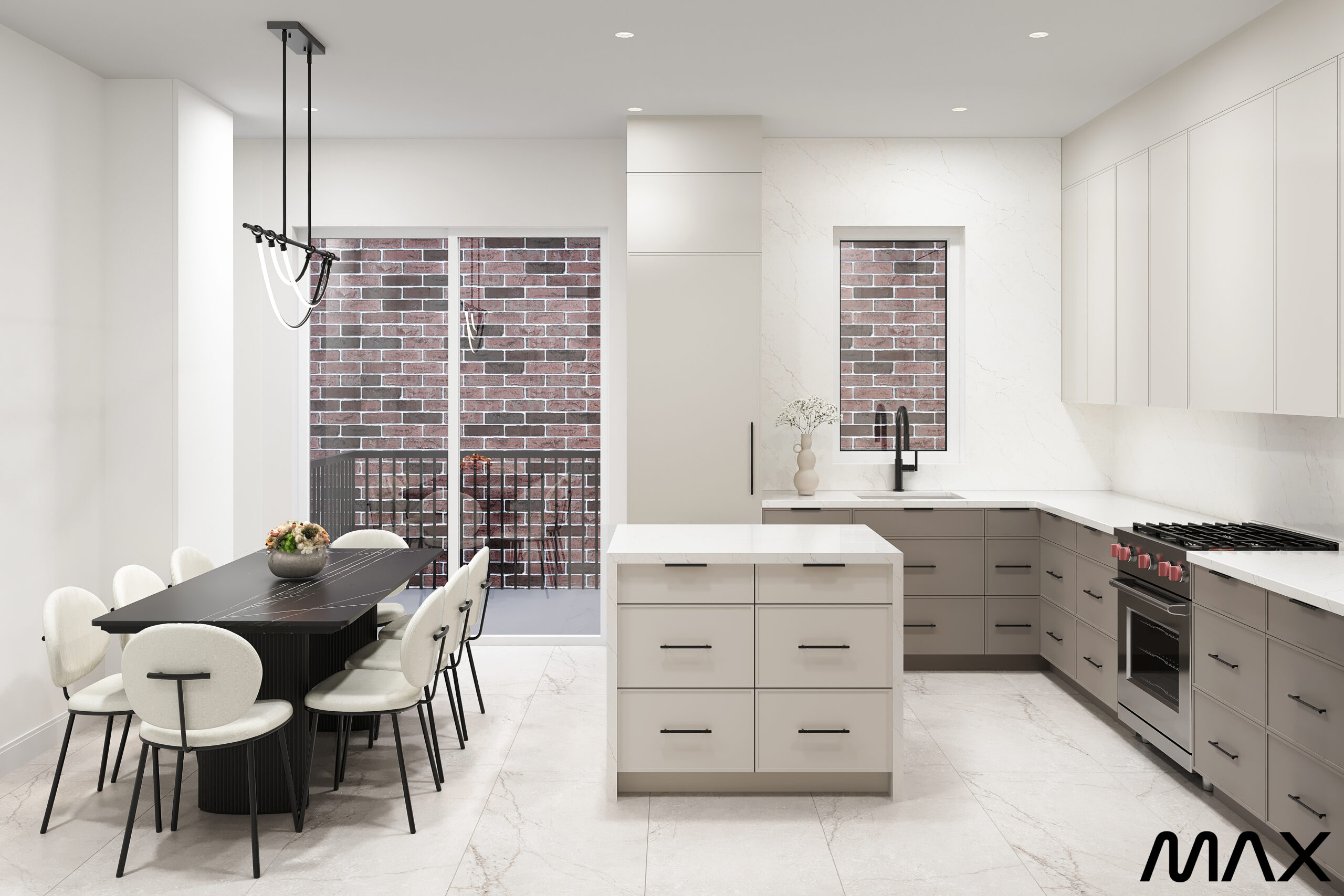 Modern kitchen with dining table and island.