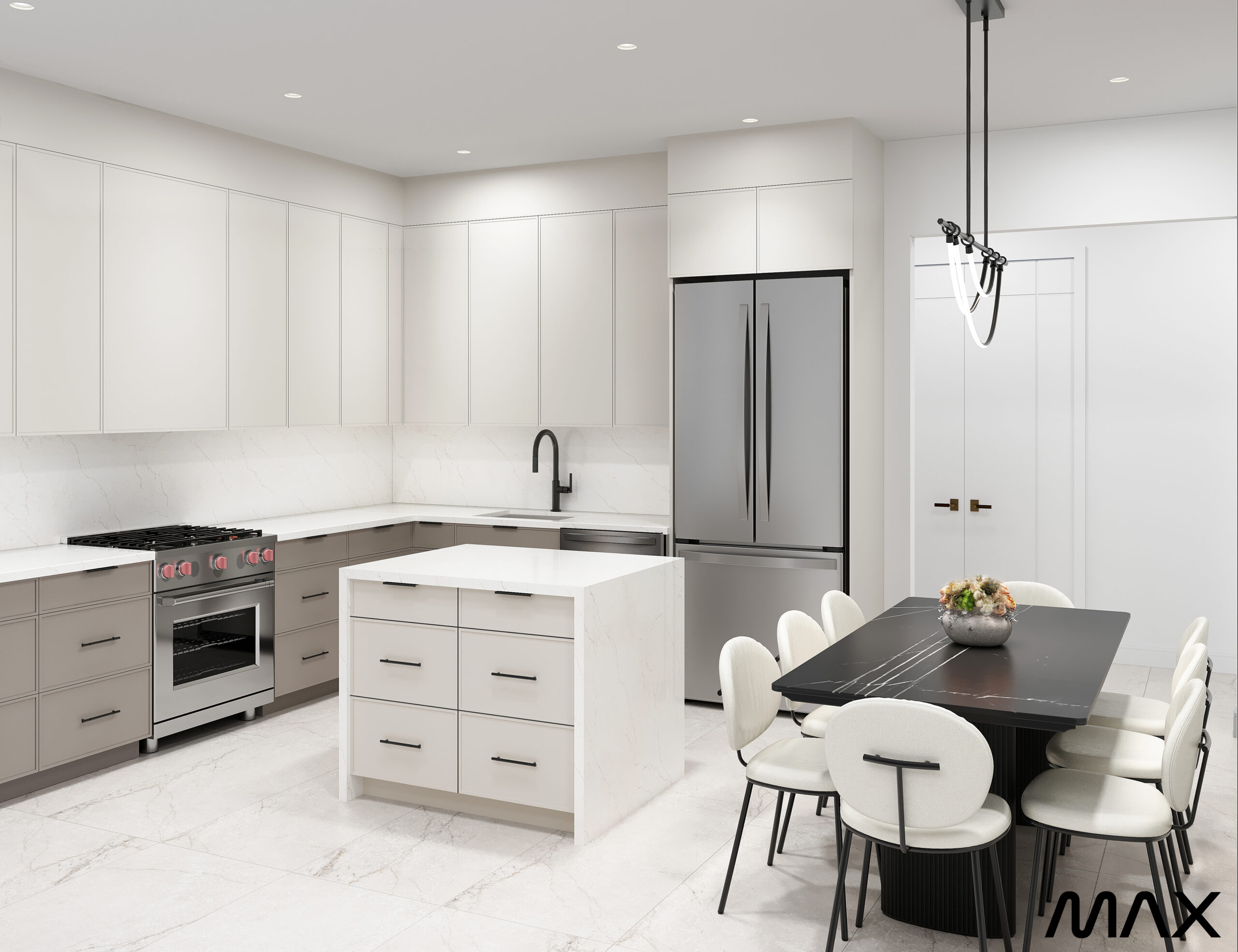Modern kitchen with island and dining table.