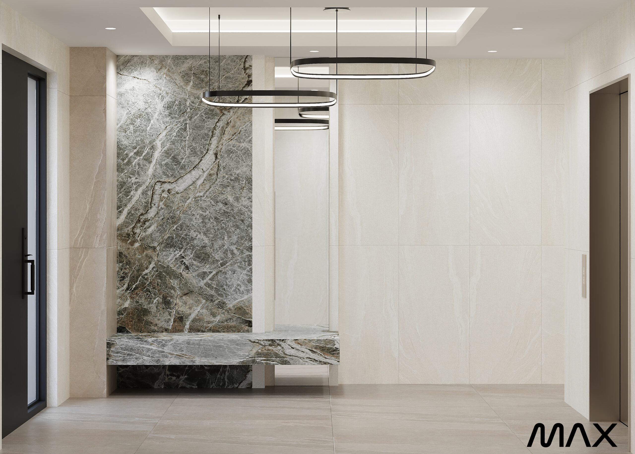 Modern minimalist hallway with marble accents.