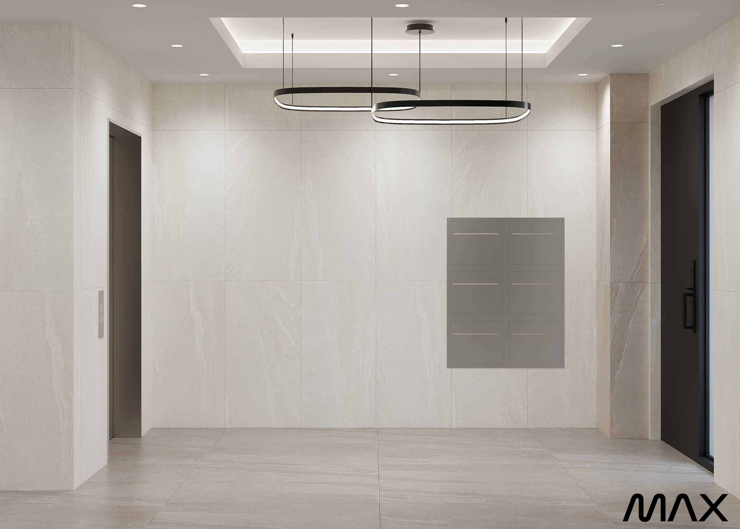 Modern minimalist interior with ceiling lights.