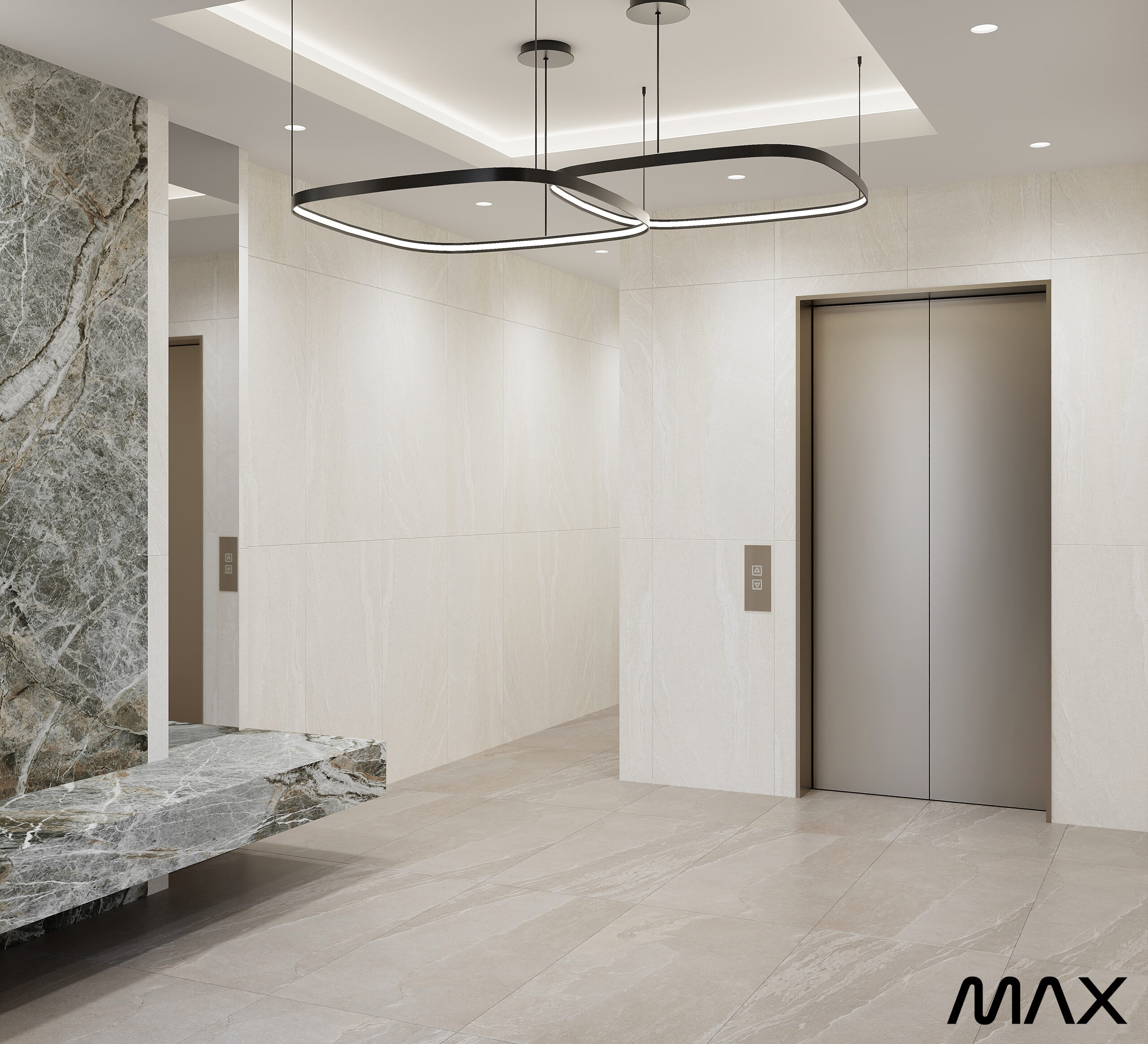 Modern lobby with elevator and marble accents.