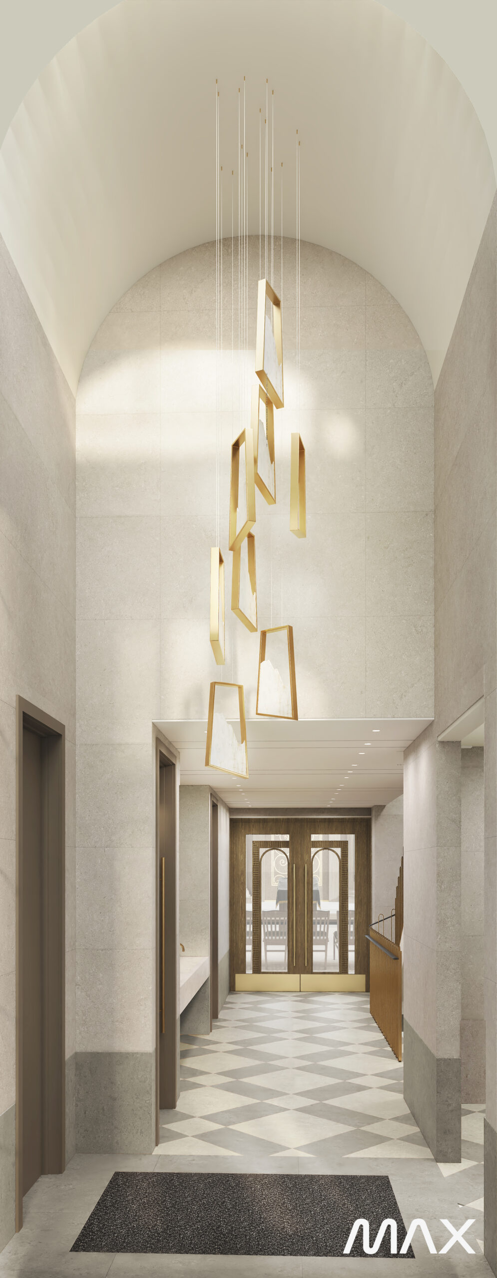 Modern hallway with geometric floor design.