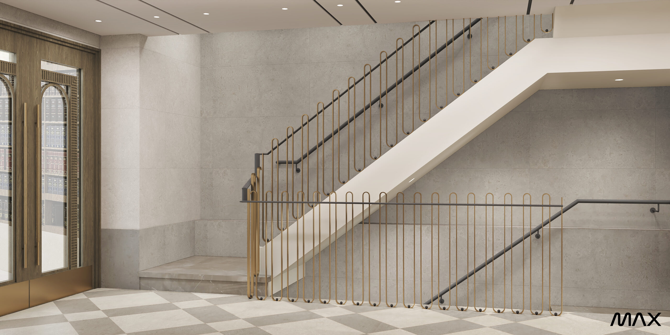Modern staircase with checkered floor design.