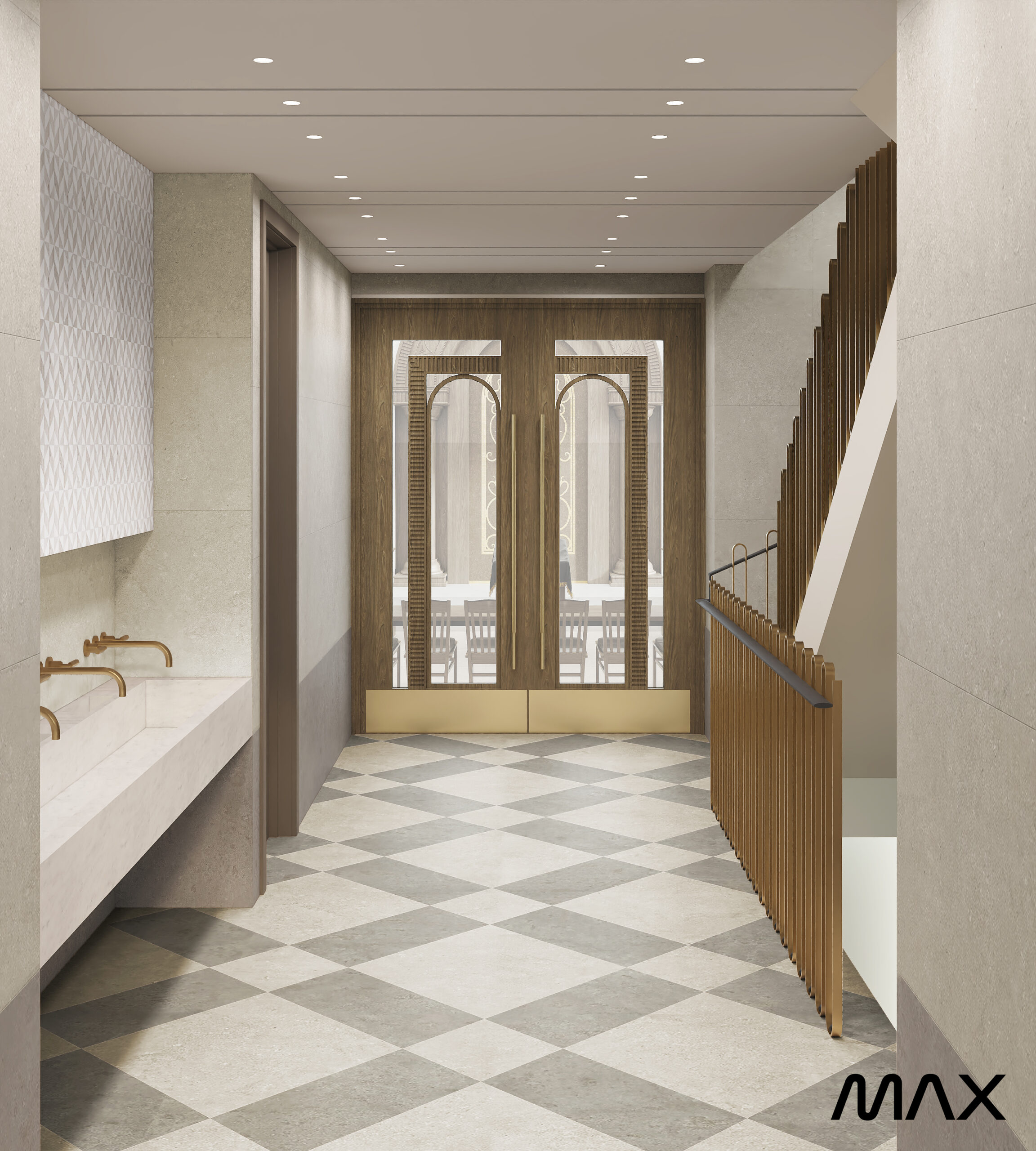 Modern hallway with checkered floor and doors.