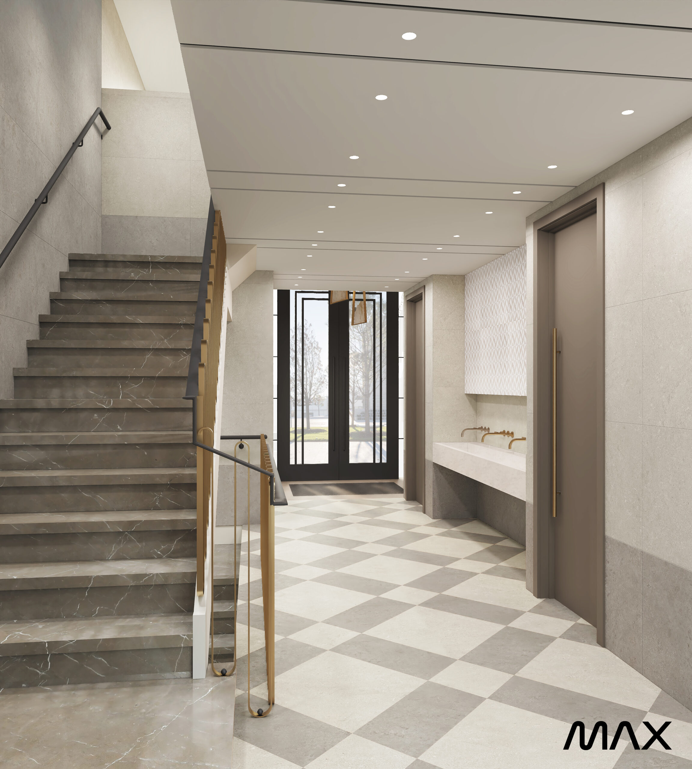 Modern hallway with staircase and checkered floor.