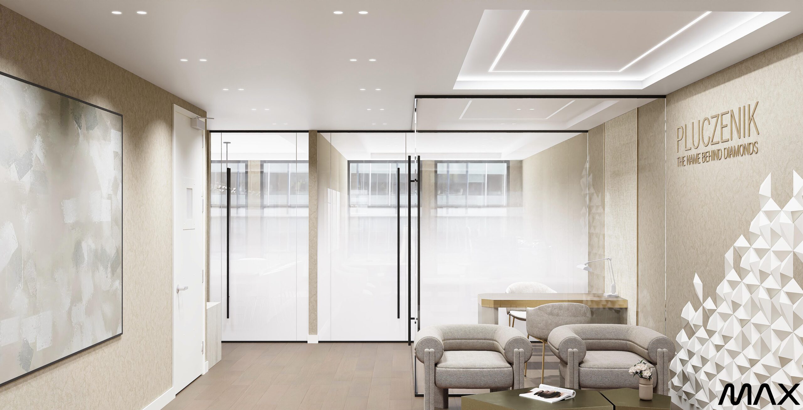 Modern minimalist office reception area design.