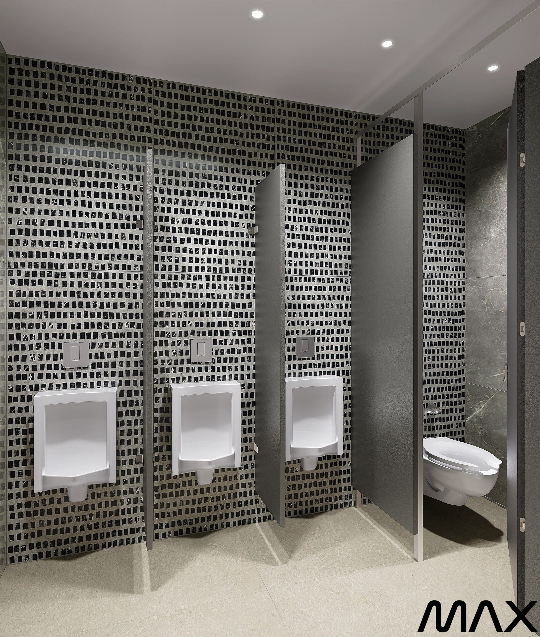 Public restroom with urinals and stalls.