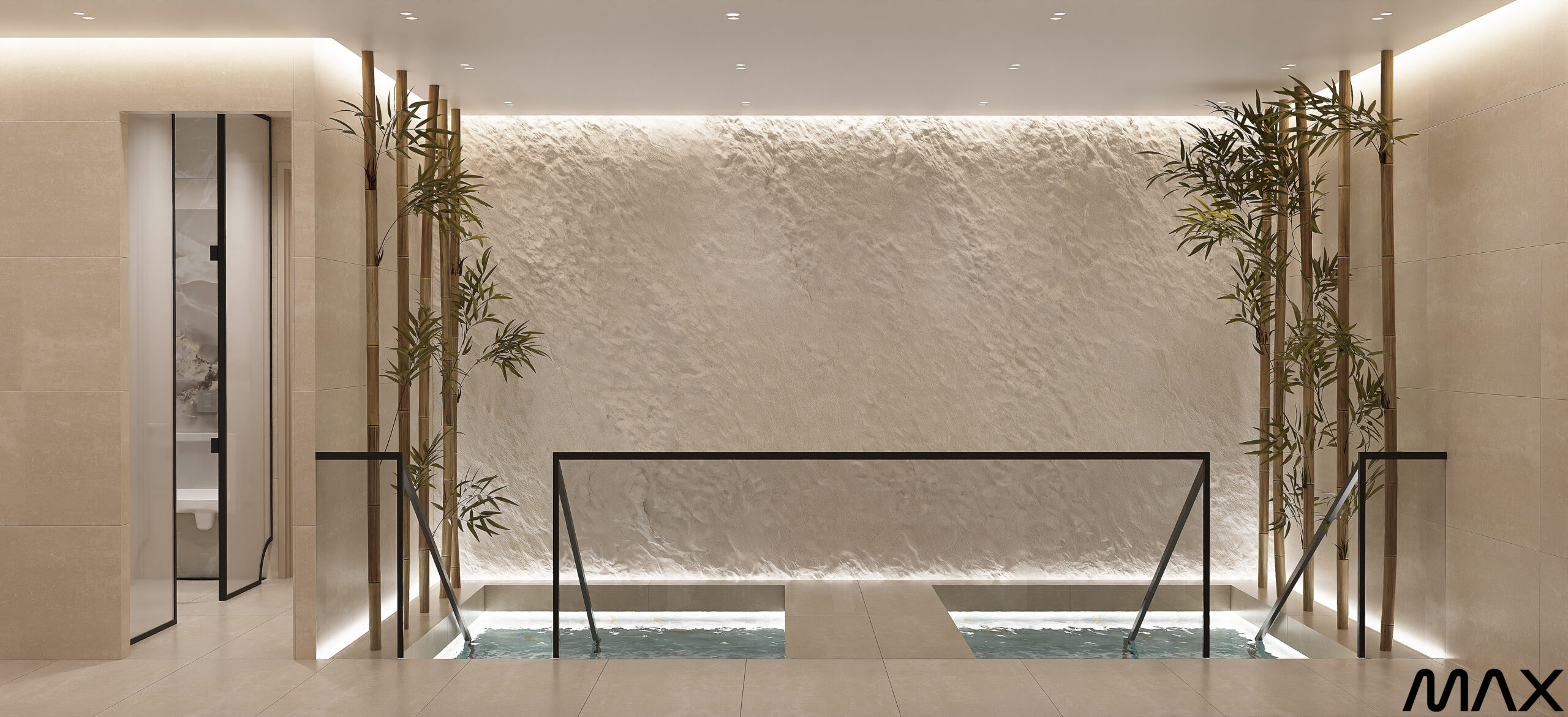 Modern minimalist indoor pool with bamboo decor.