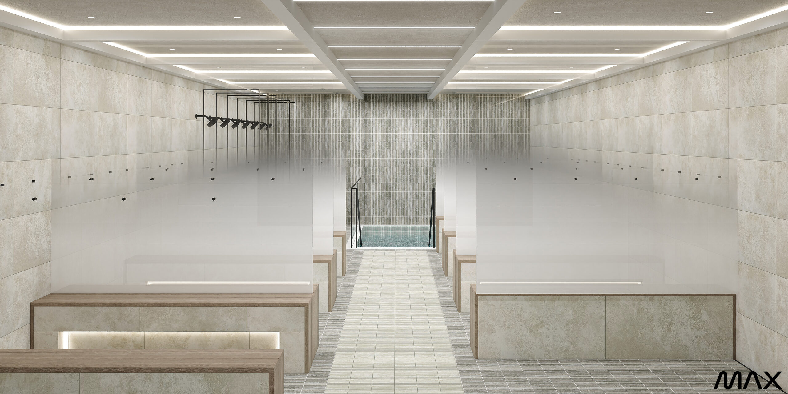 Modern, minimalist indoor pool area design.