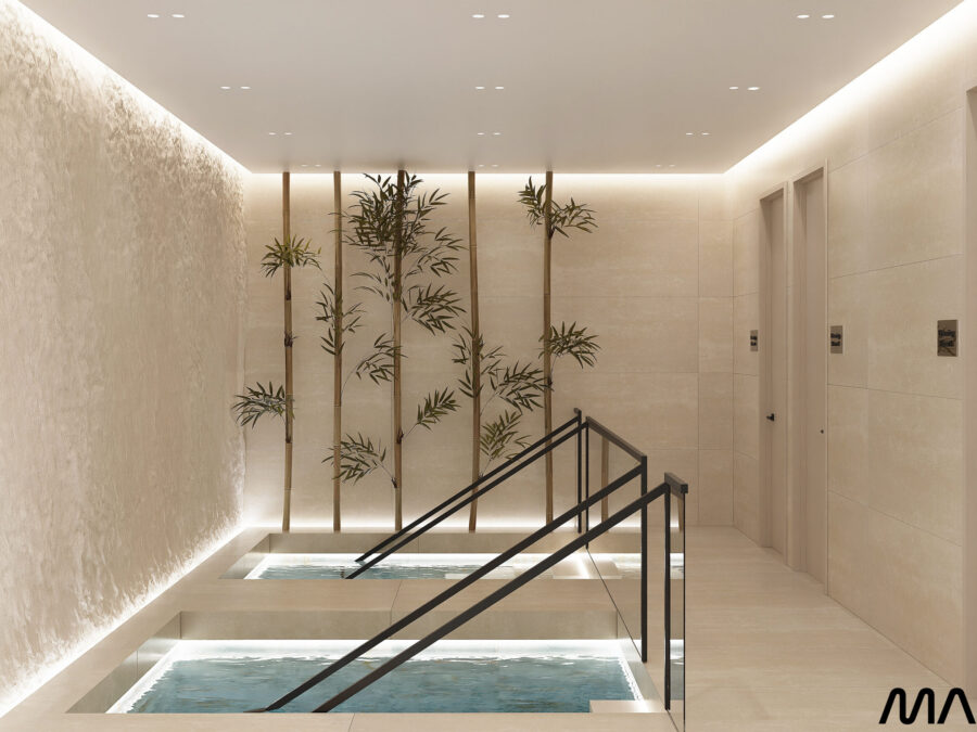 Modern spa hallway with indoor plants.