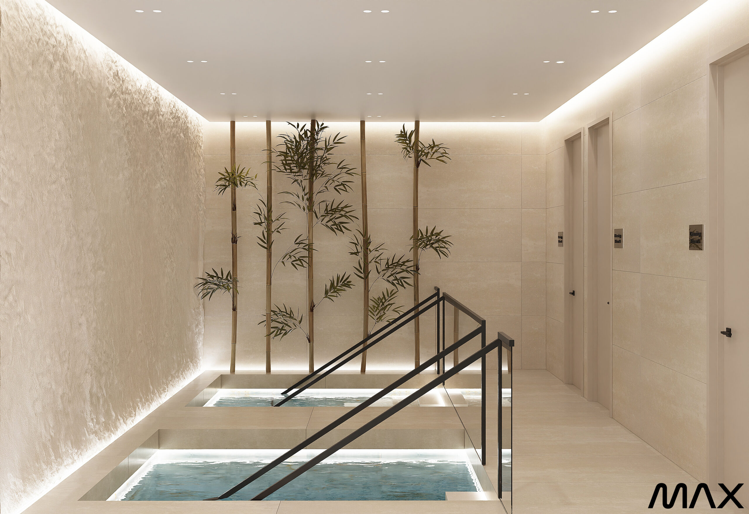 Modern spa hallway with indoor plants.