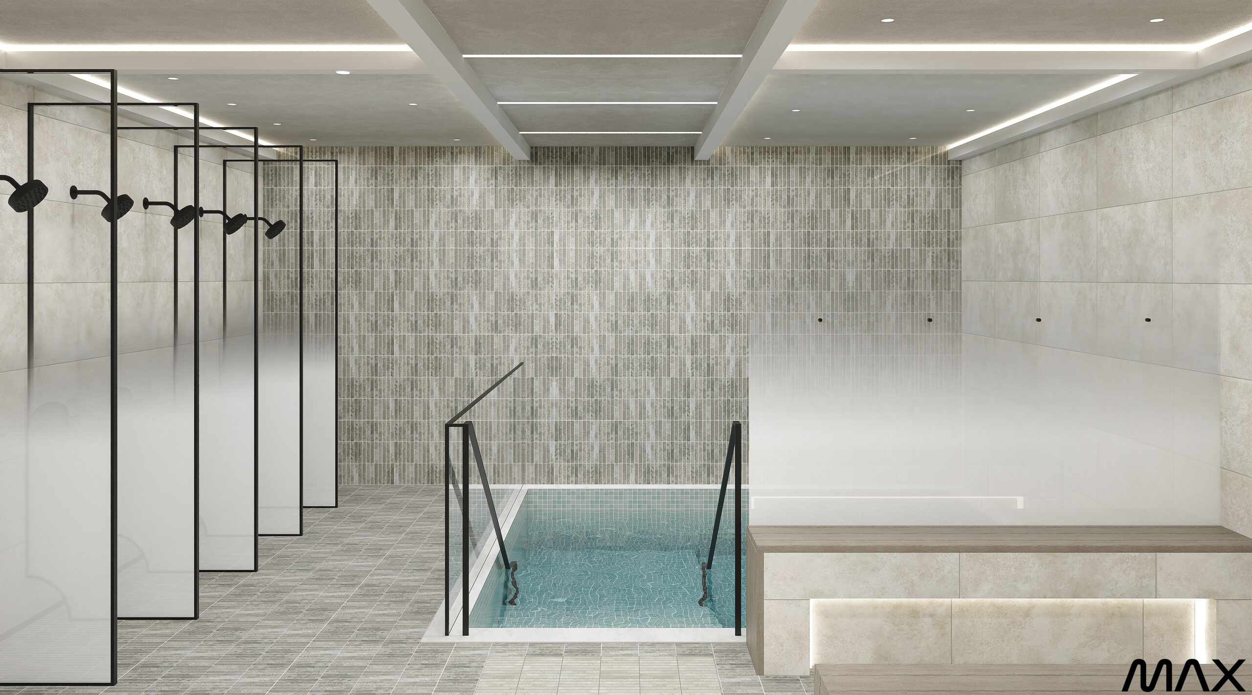 Modern indoor pool with showers and tiles.