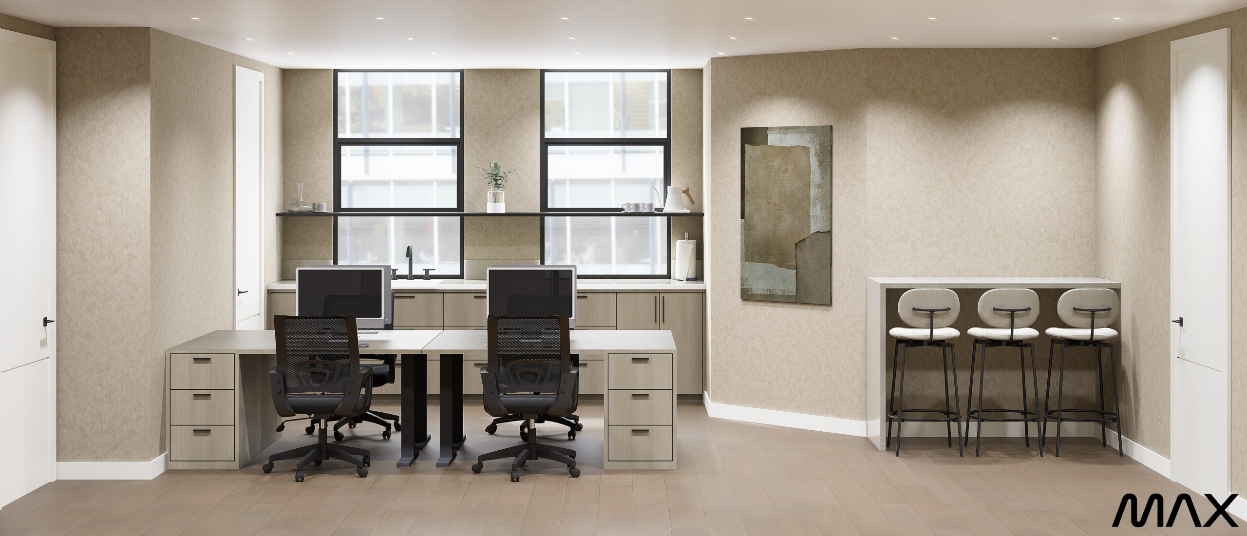 Modern office with desks and chairs.