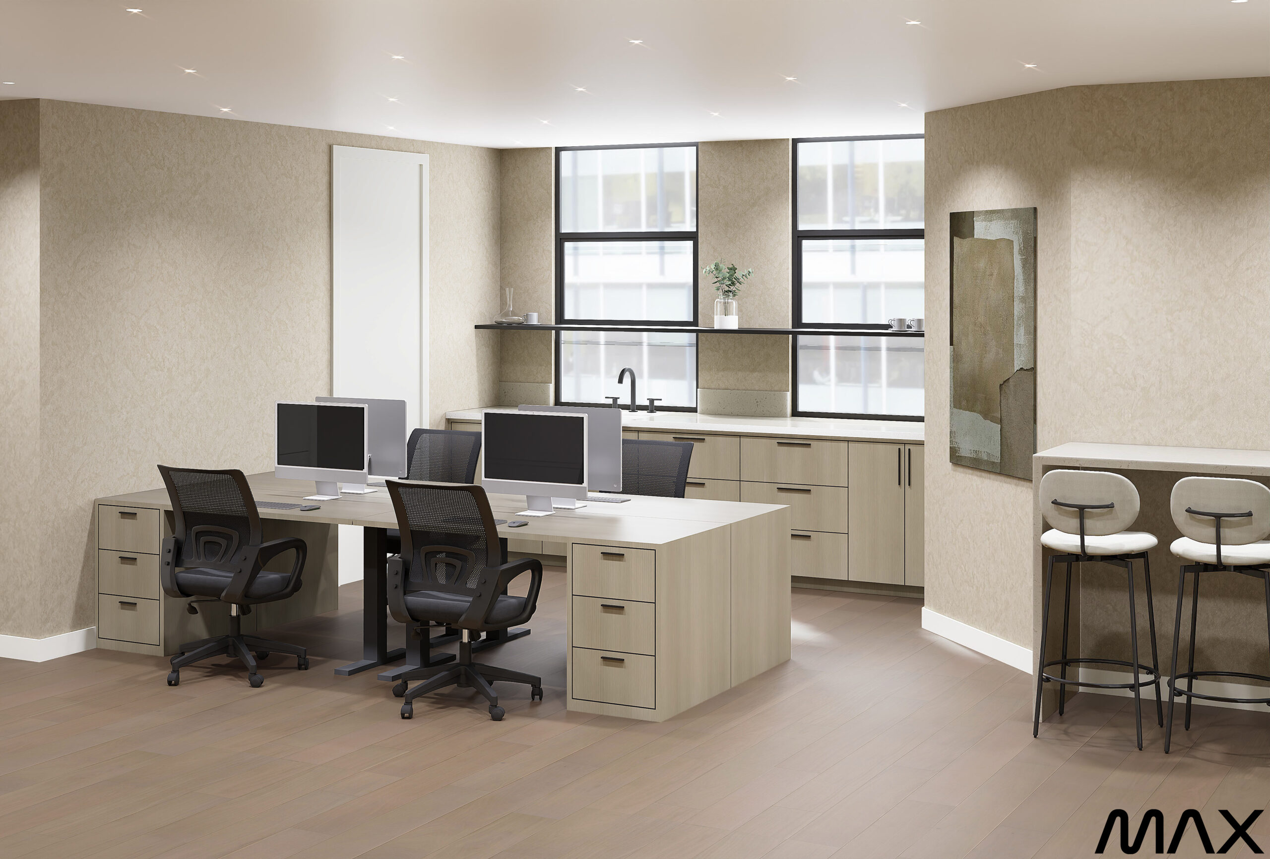 Modern office space with desks and chairs.
