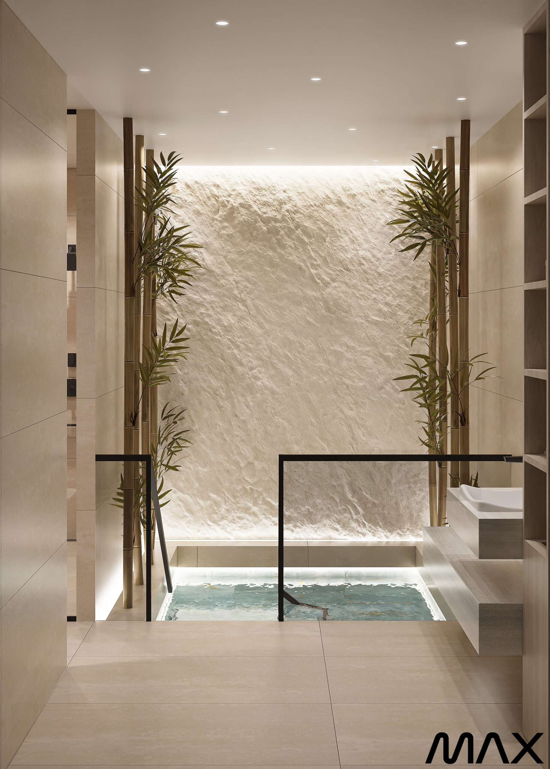 Modern indoor pool with bamboo decor.
