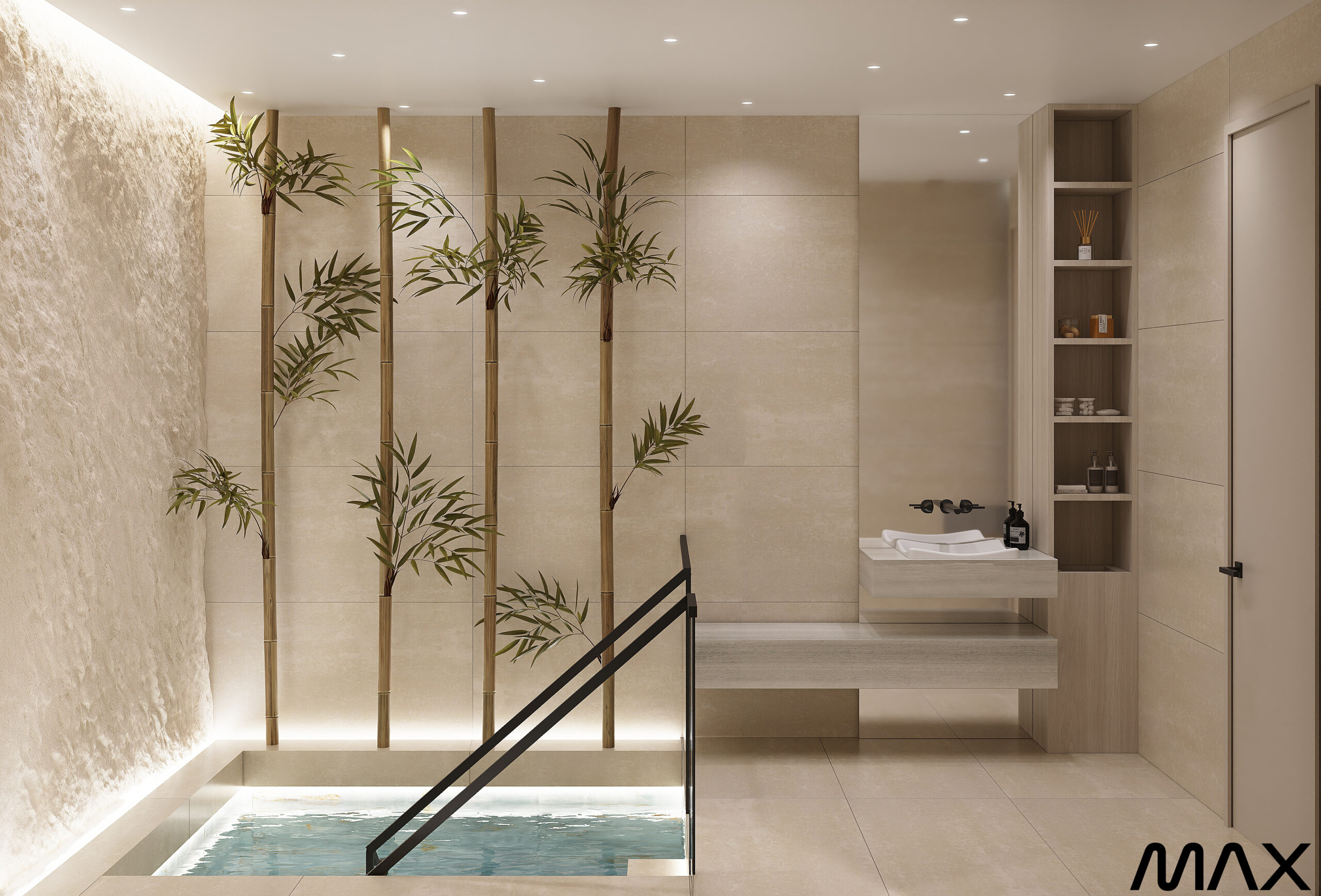 Minimalist spa room with bamboo and pool.