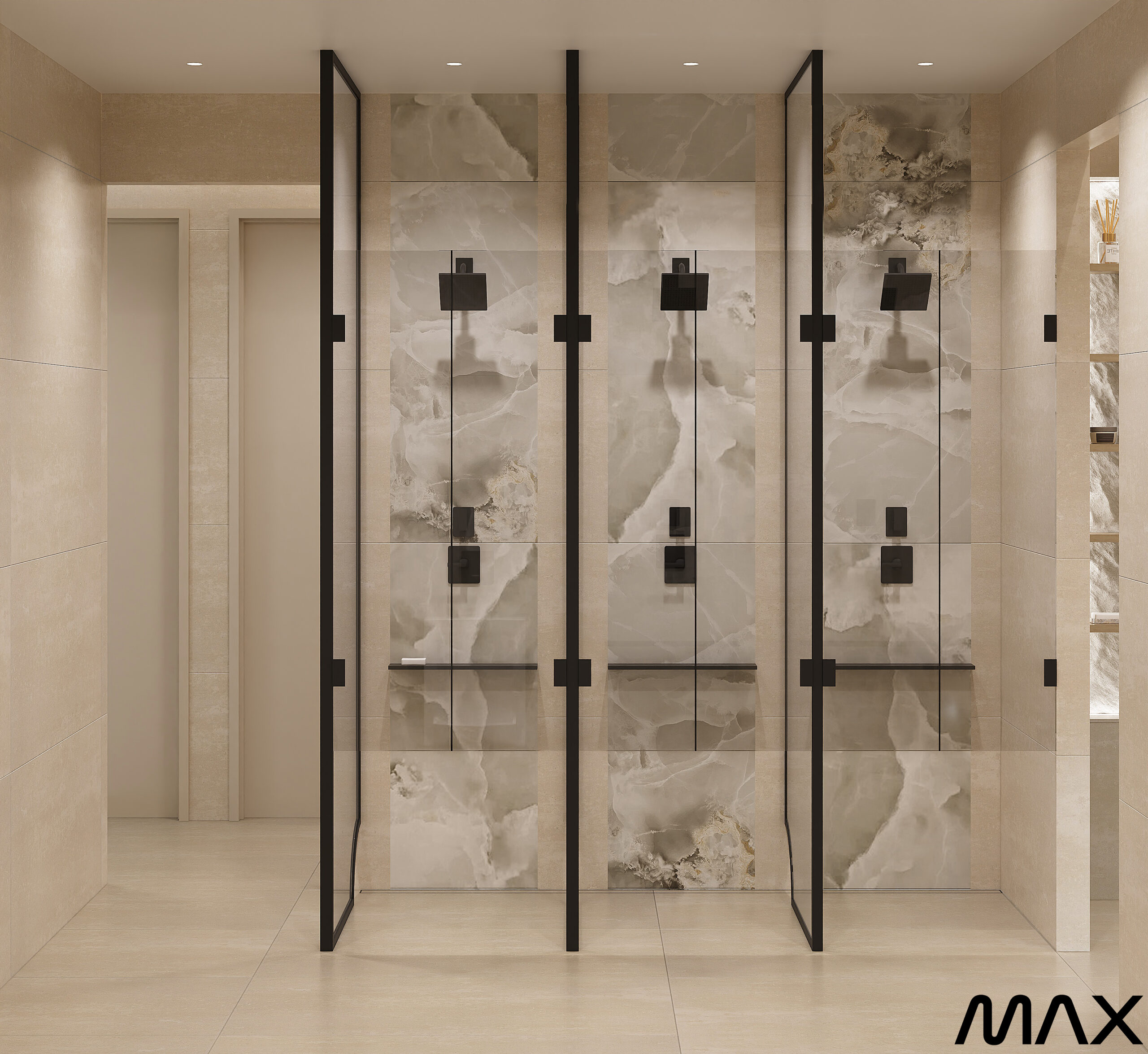 Modern bathroom with three glass shower stalls.