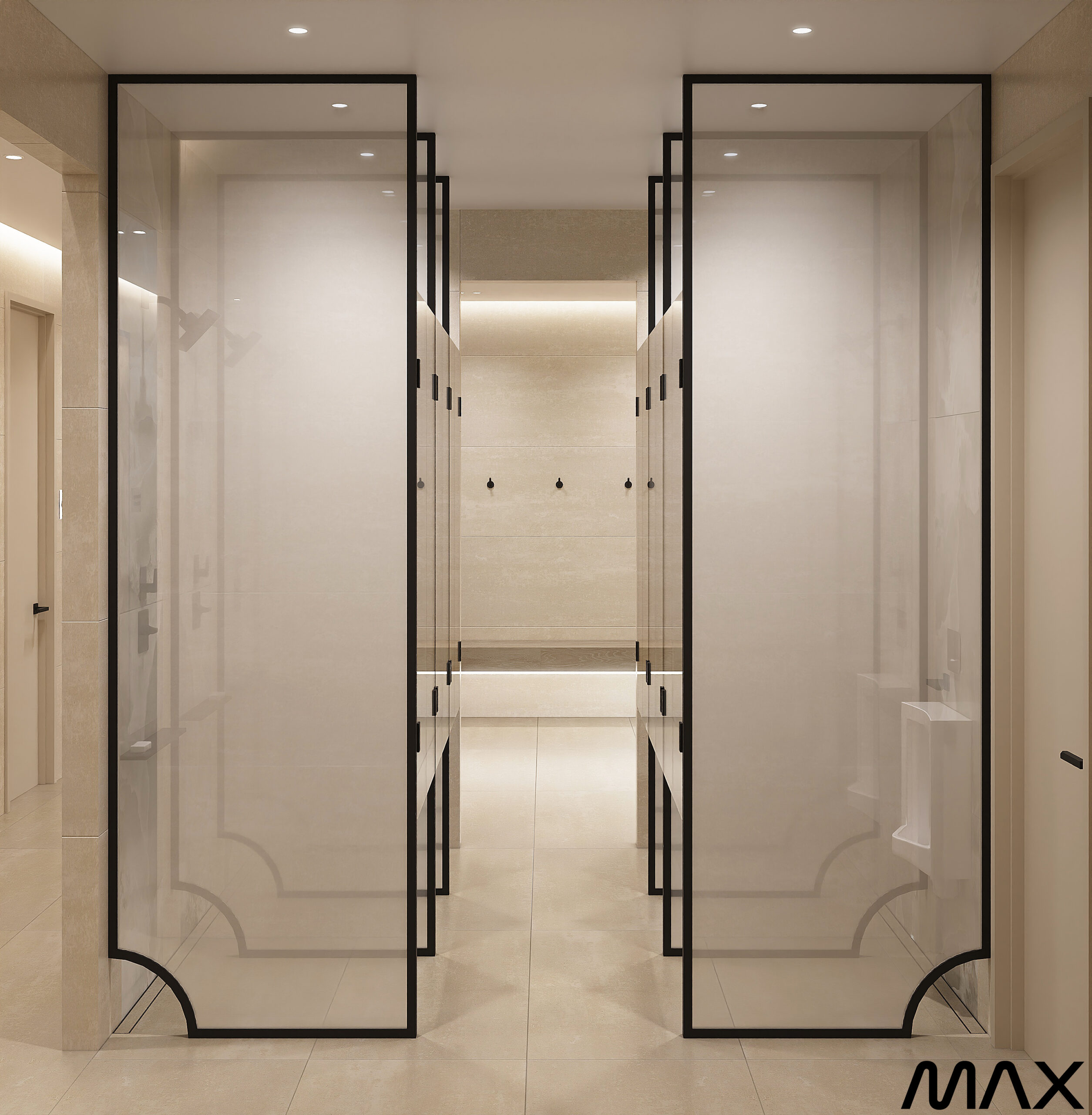 Modern bathroom with frosted glass partitions.