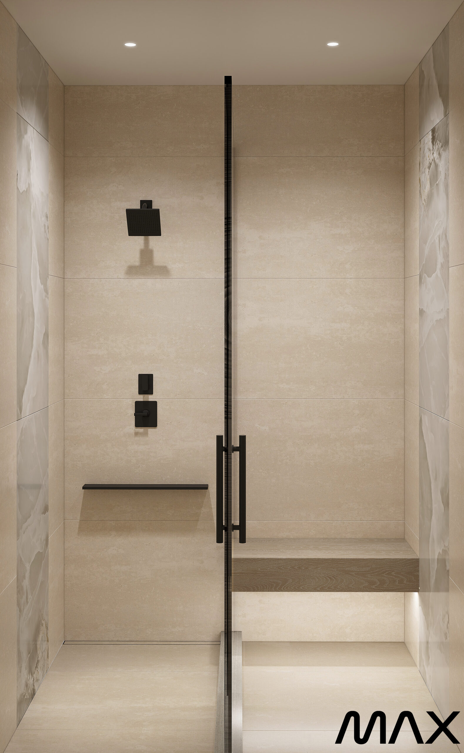 Modern minimalist beige shower with glass door.