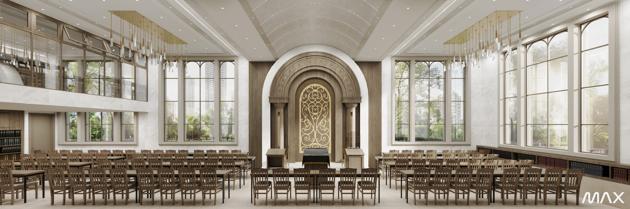 Spacious synagogue interior with wooden chairs.