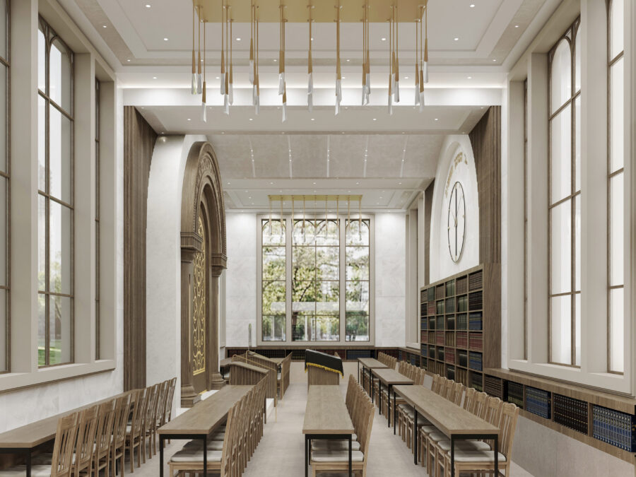 Modern library interior with large windows.