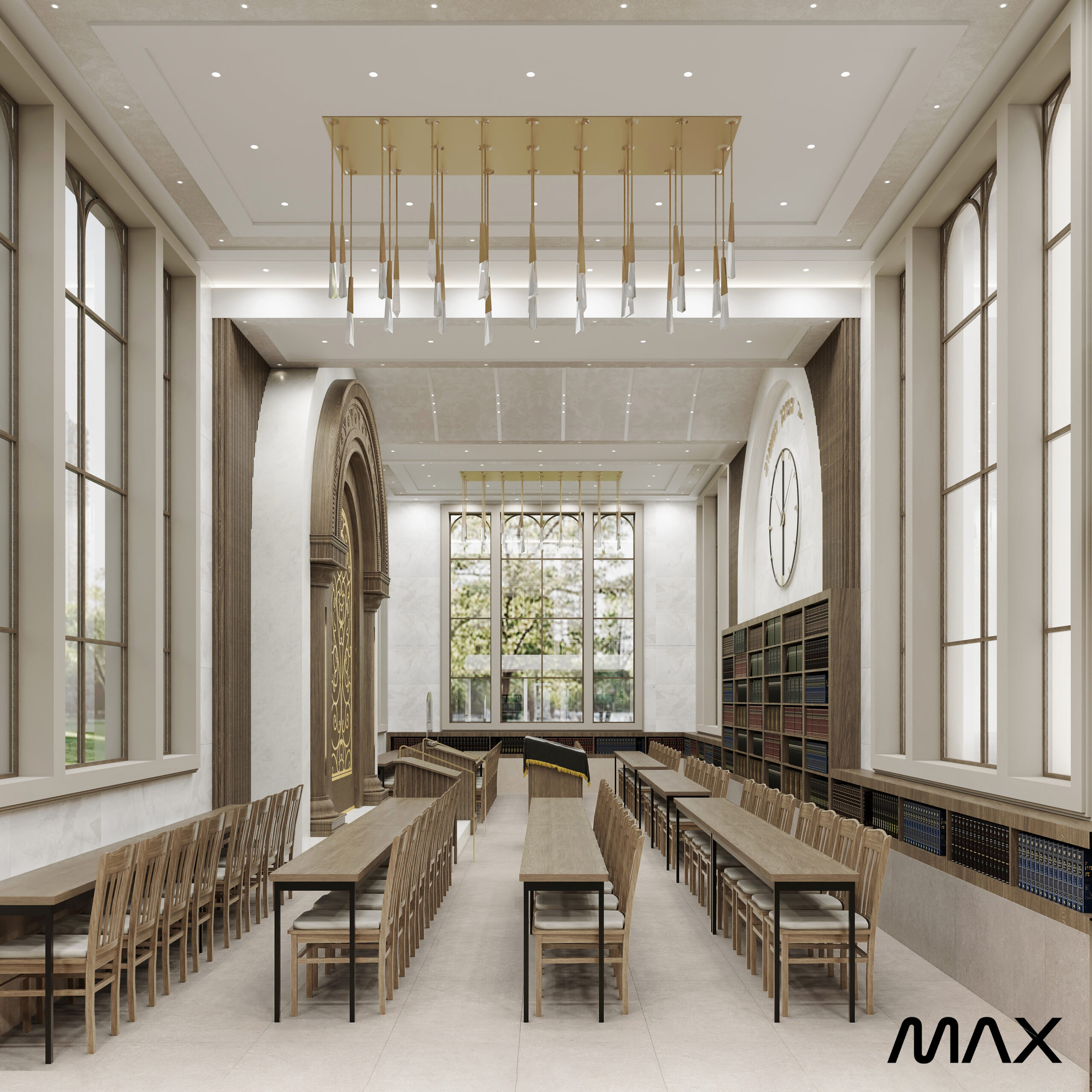 Modern library interior with large windows.