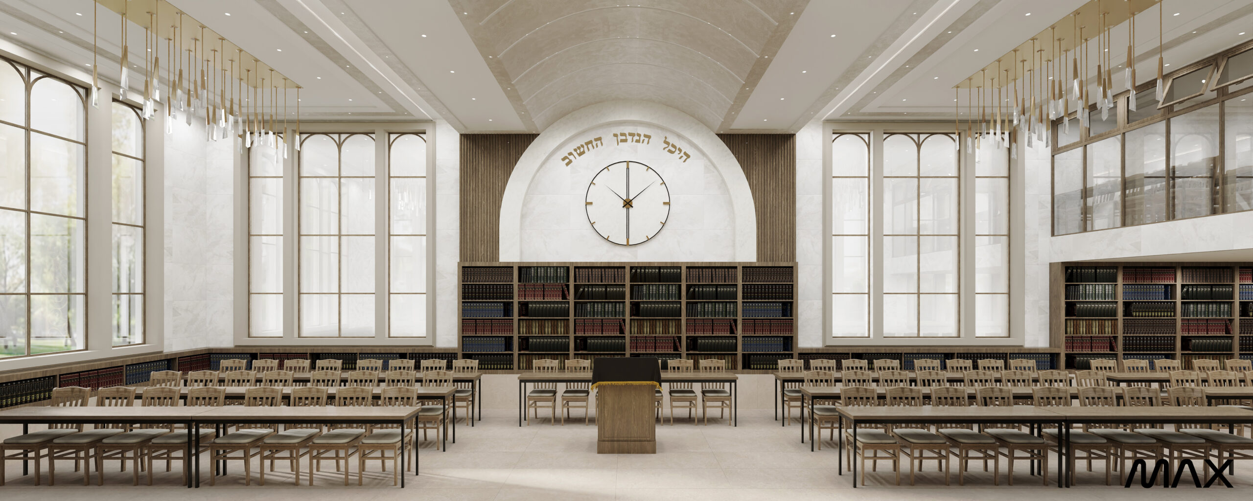 Spacious library with wooden chairs and tables.