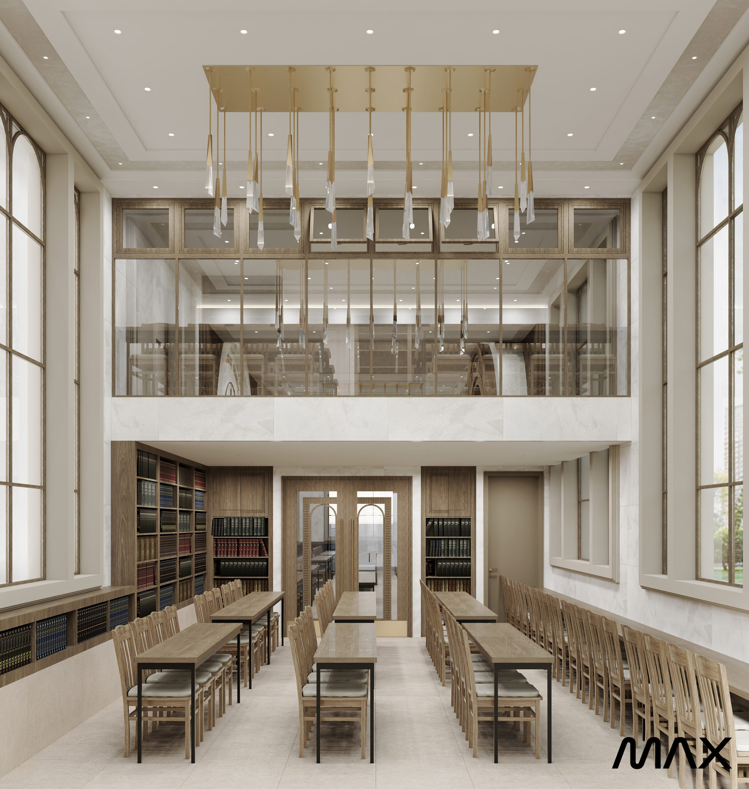 Modern library interior with wooden tables and chairs.