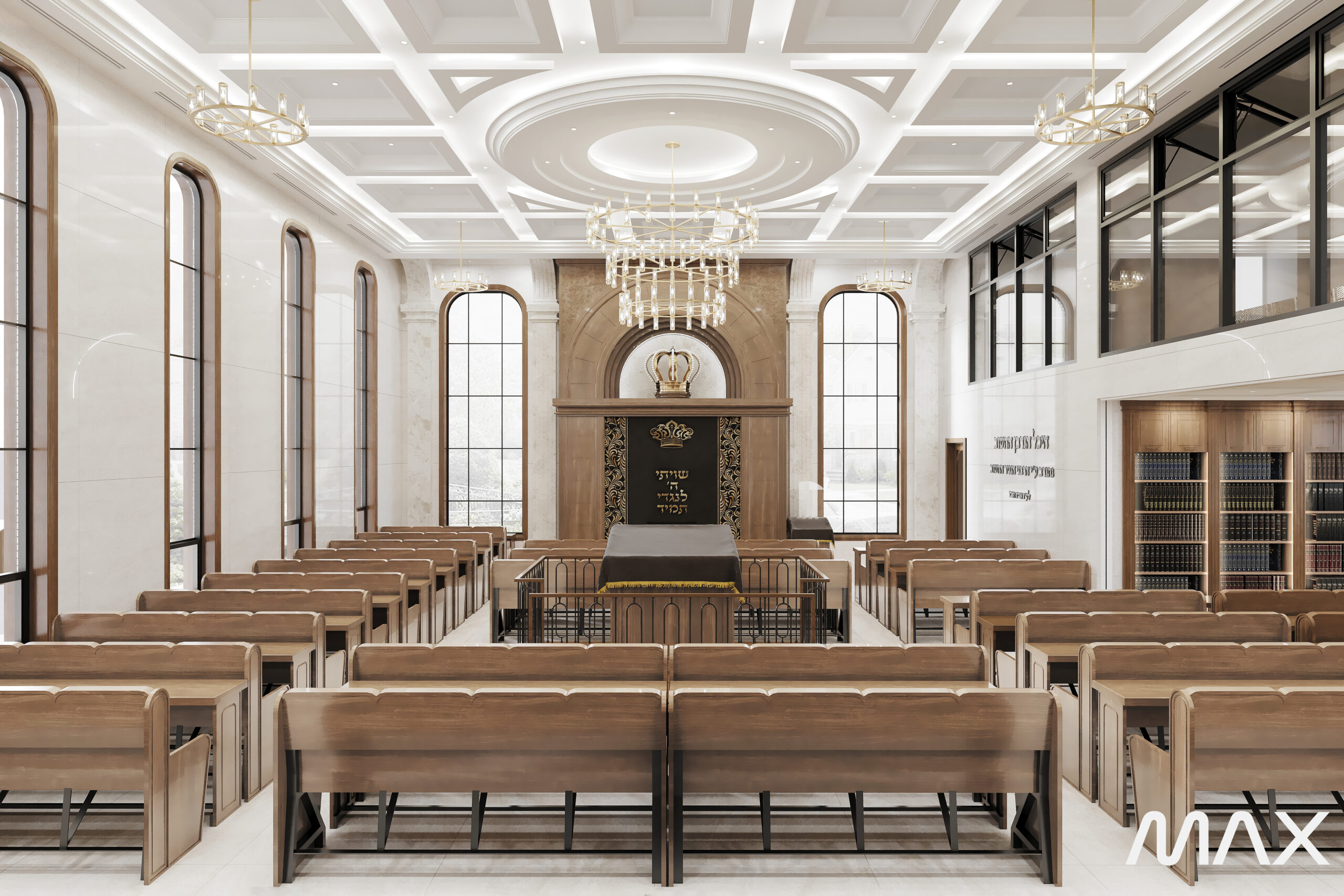 Elegant synagogue interior with wooden benches.