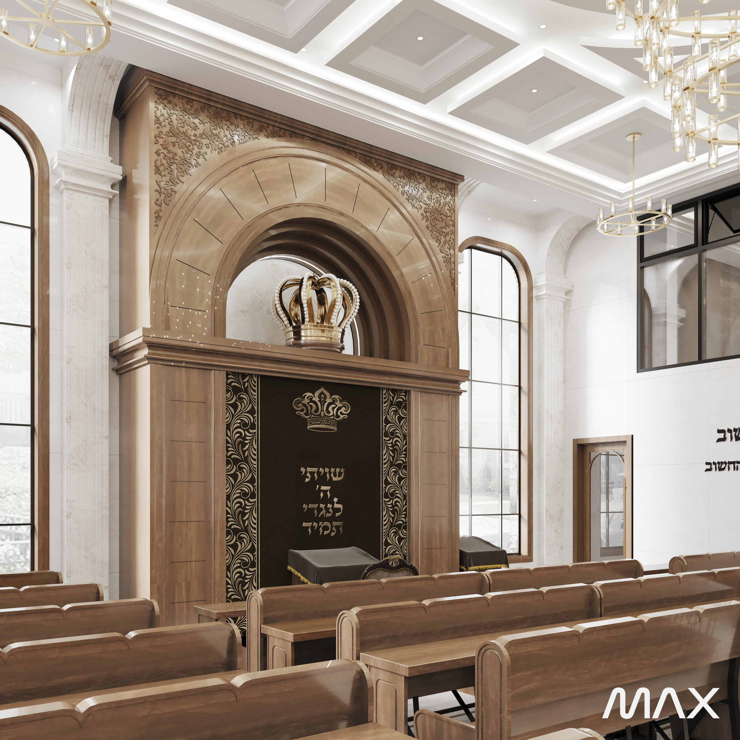 Elegant synagogue interior with ornate ark design.