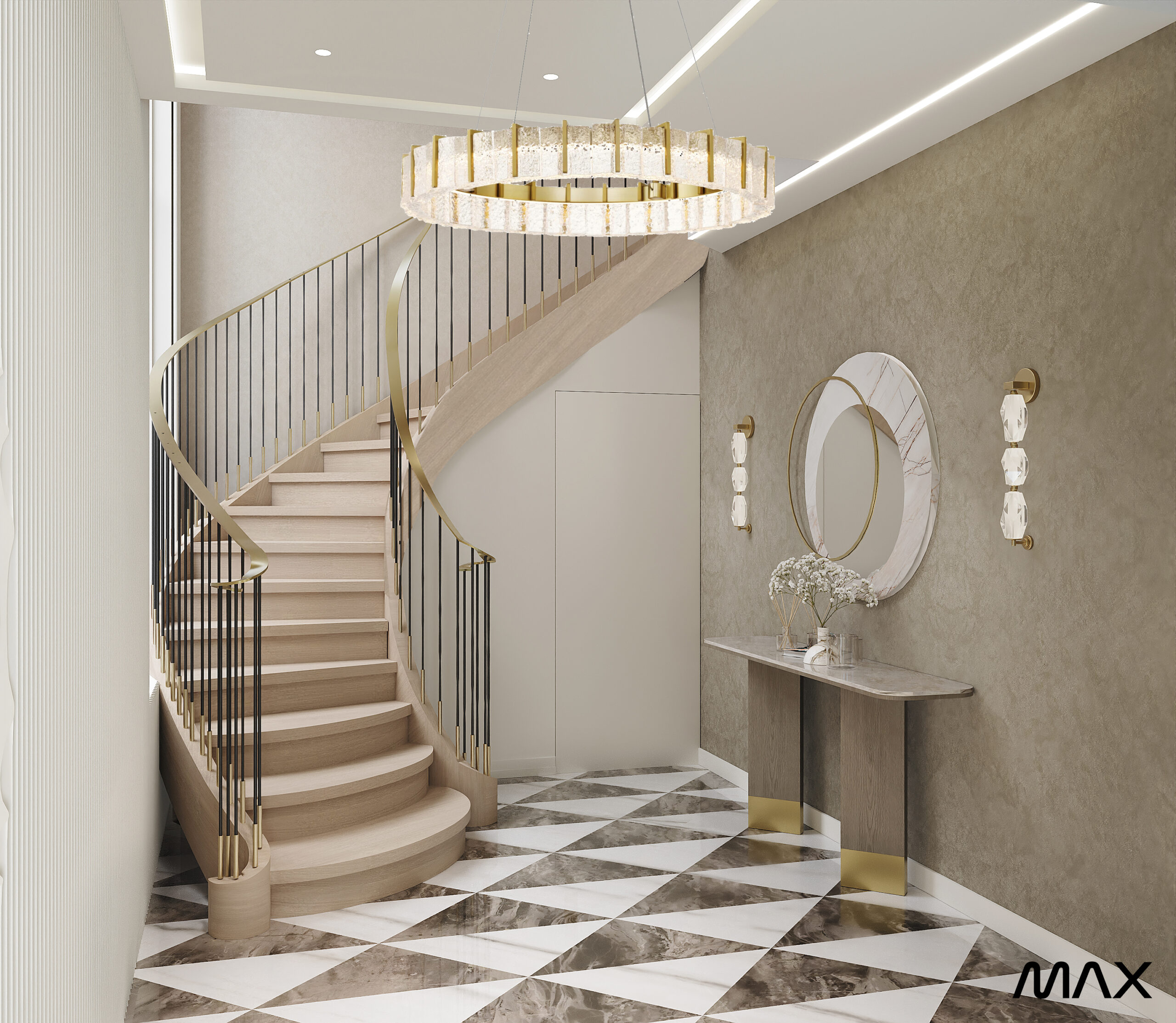 Elegant foyer with spiral staircase and chandelier.