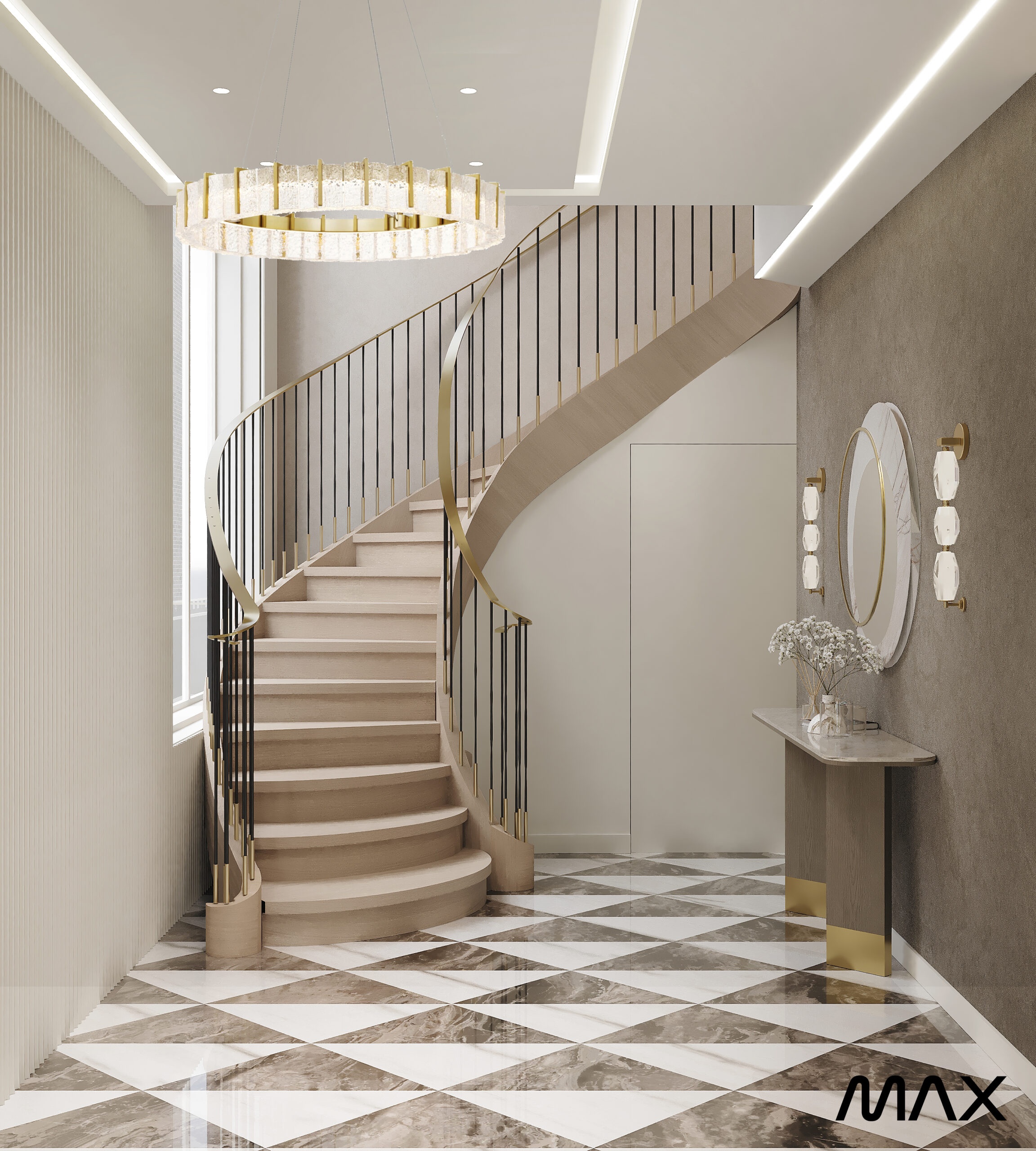 Elegant spiral staircase with modern chandelier.
