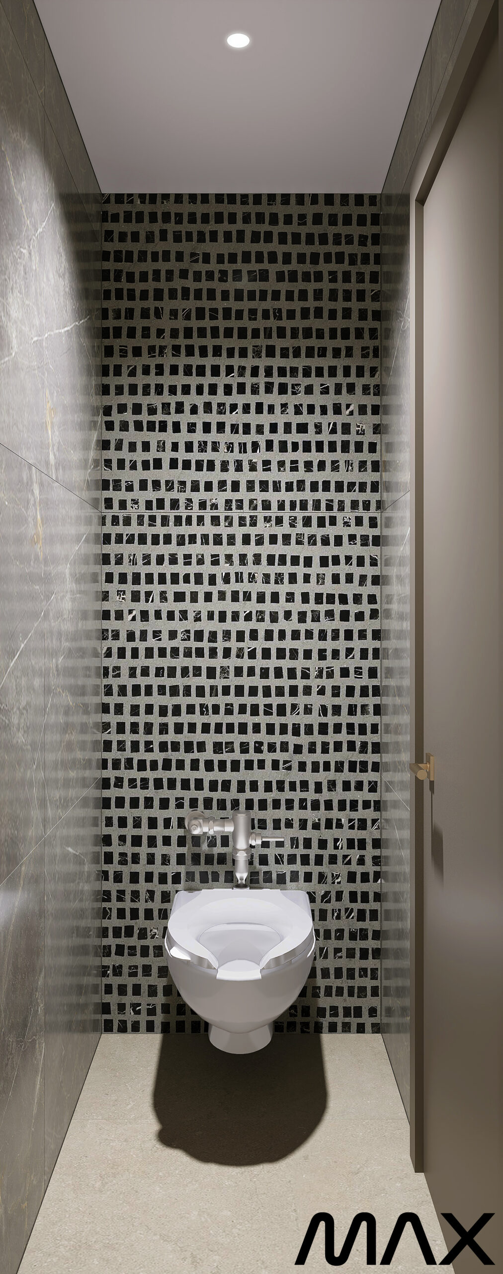 Modern bathroom with tiled wall and toilet.
