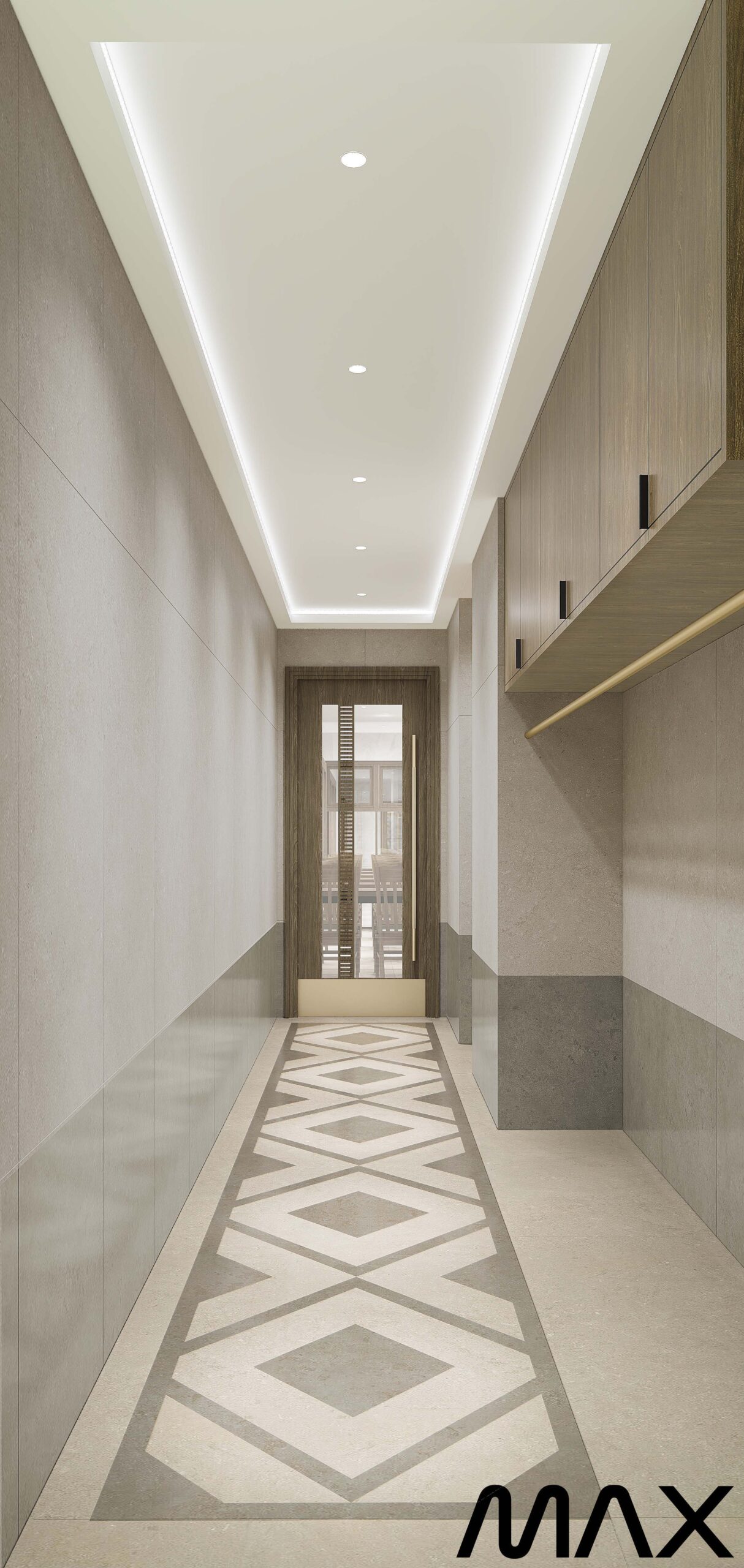 Modern hallway with geometric floor design.
