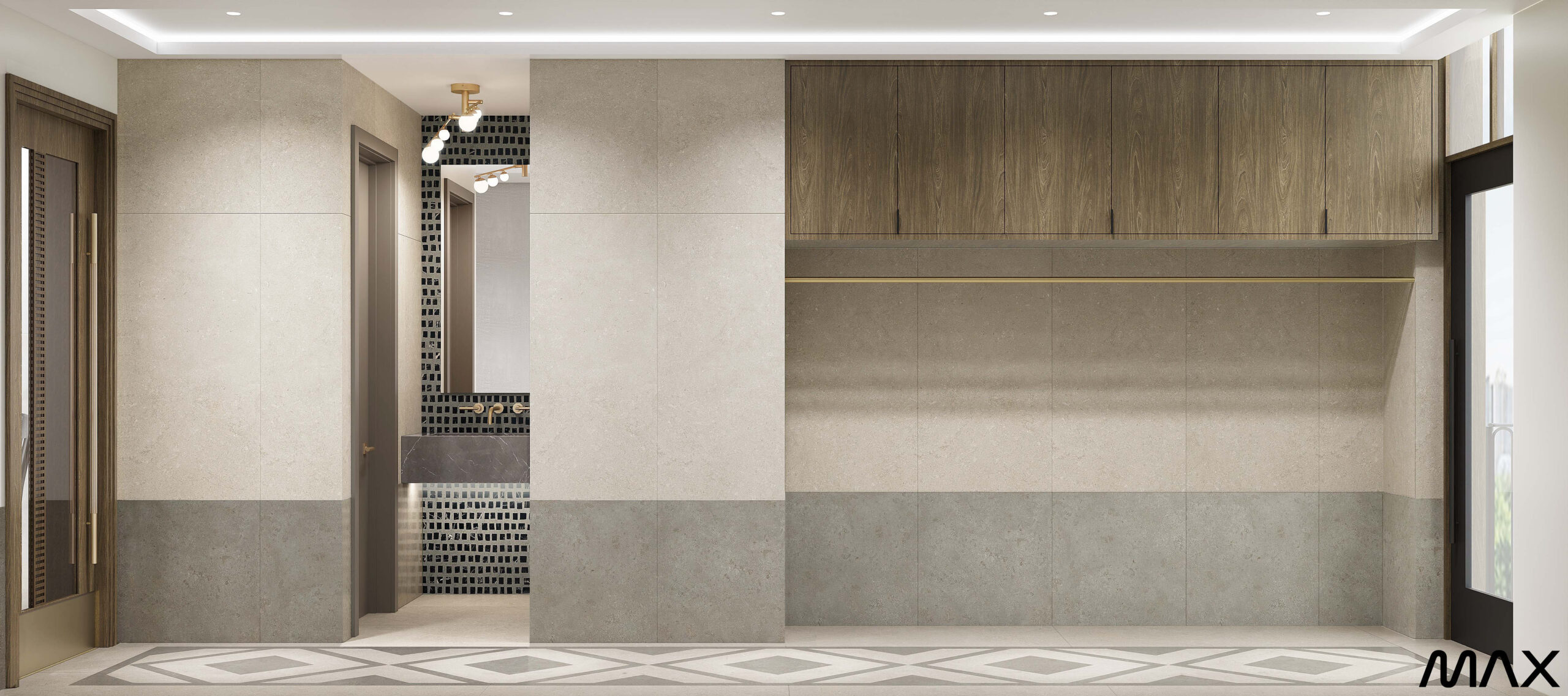 Modern minimalist interior with geometric flooring.