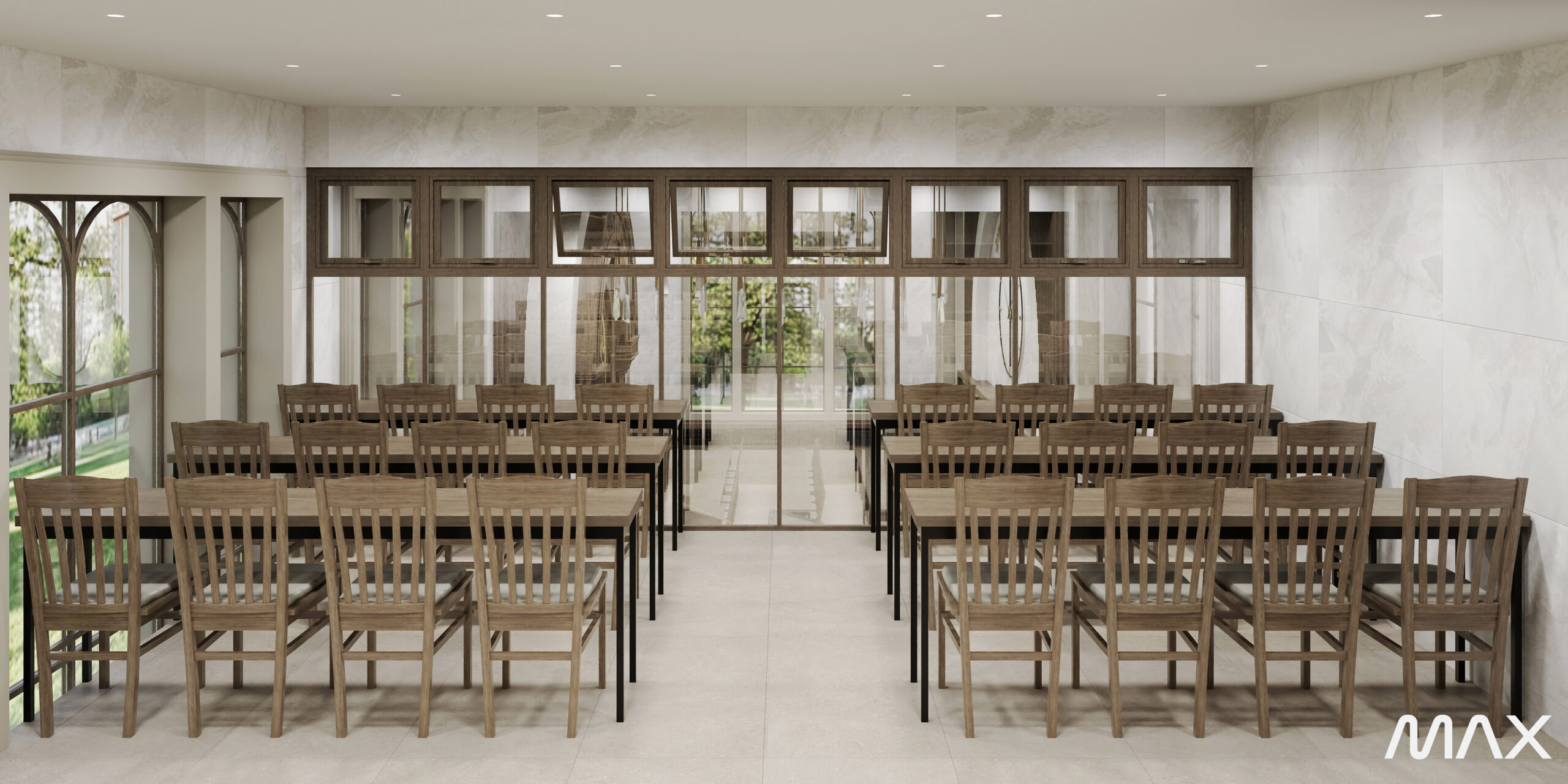 Dining room with wooden chairs and tables.